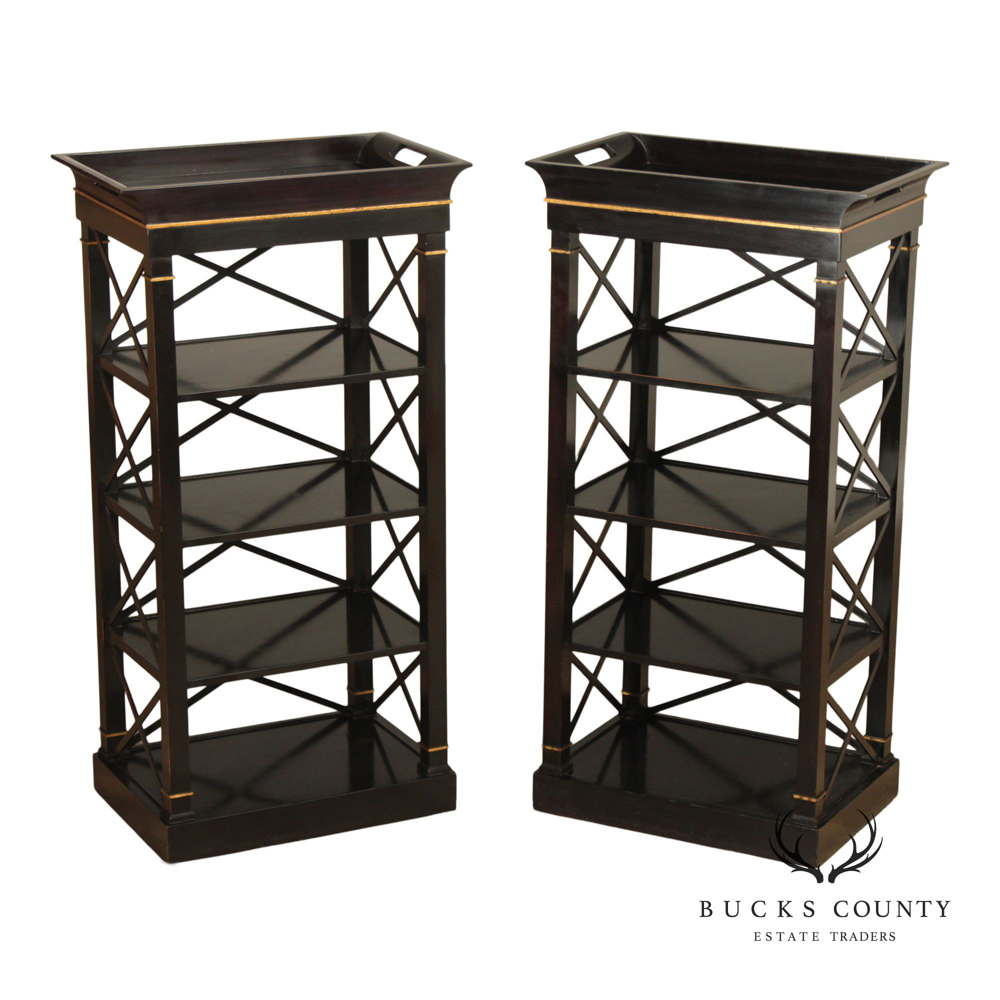 Baker Furniture Neoclassical Style Pair of Tray Top Bookcases