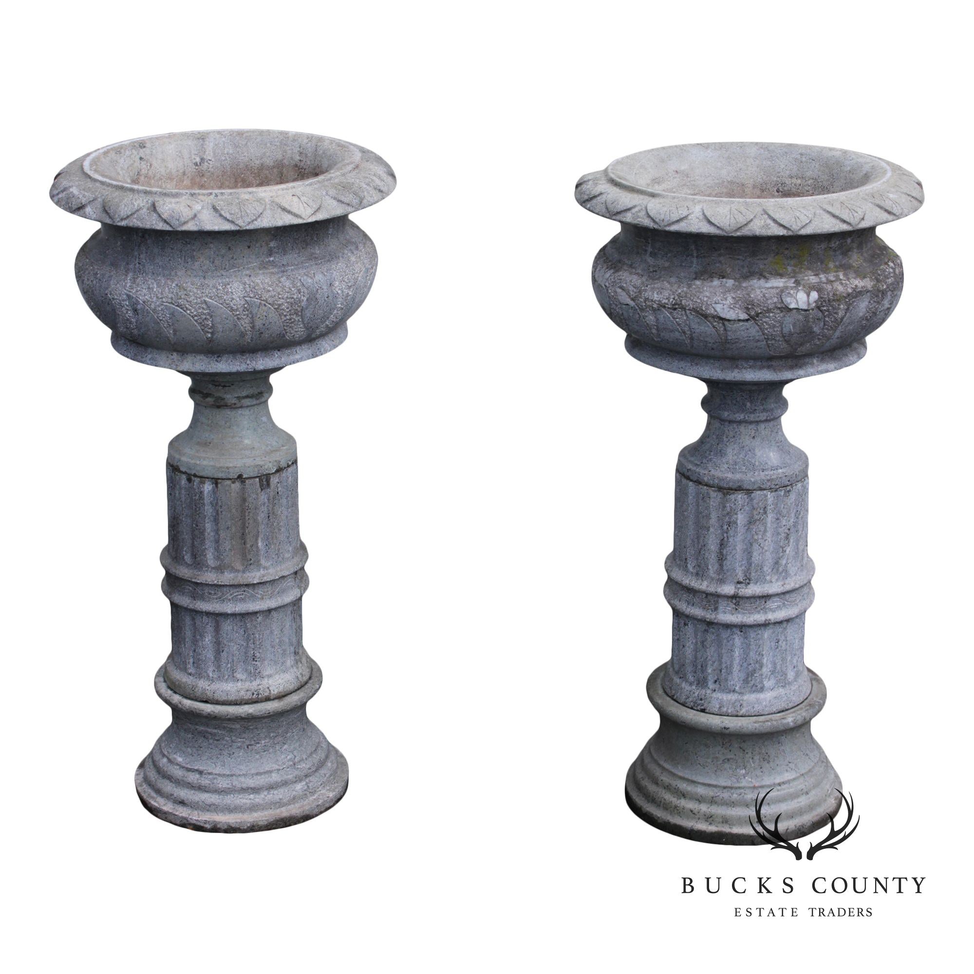 Vintage Pair Of Carved Granite Three-Piece Garden Urns On Pedestals