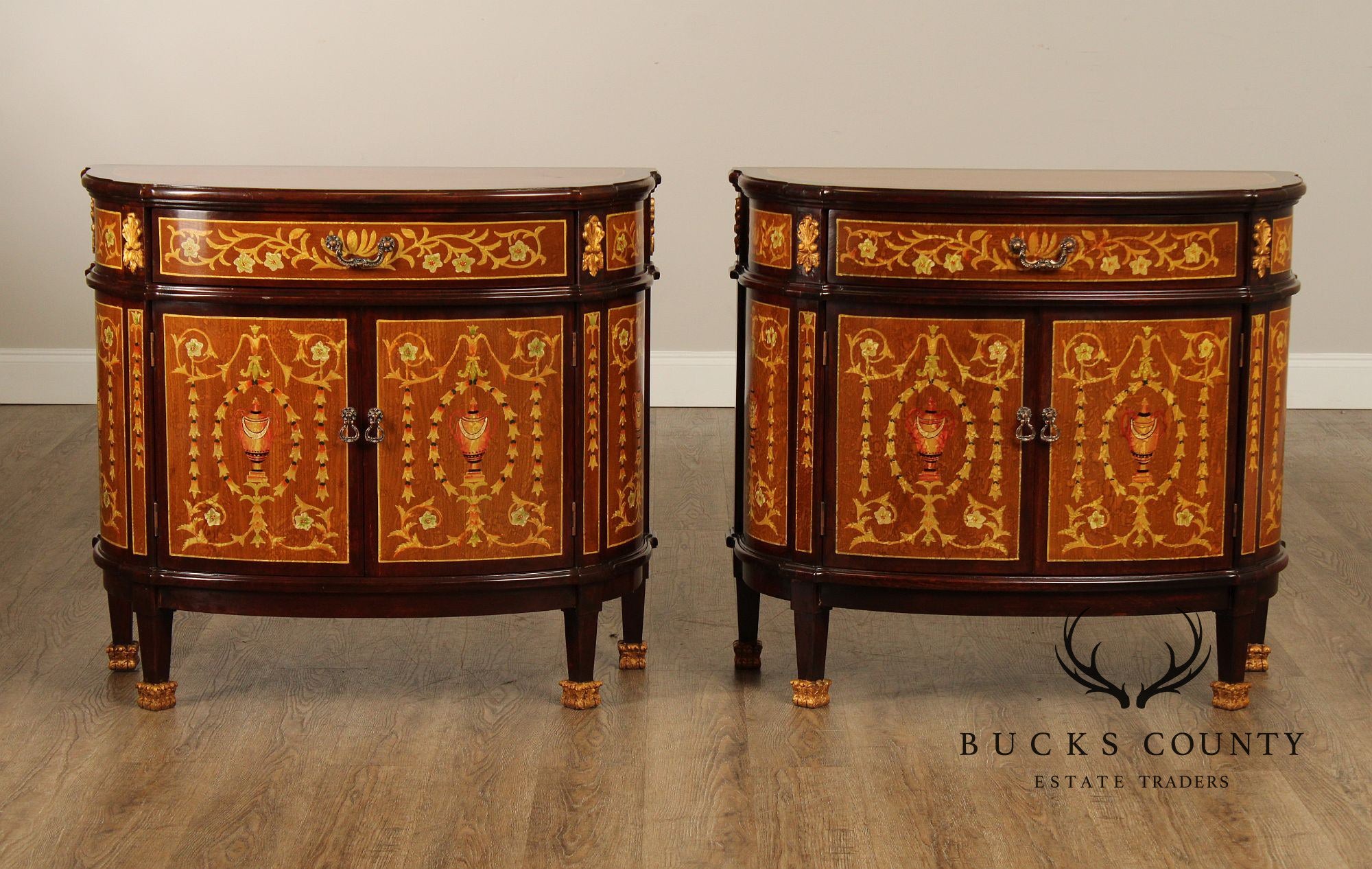 Italian Neoclassical Style Pair of Marquetry Demilune Commodes