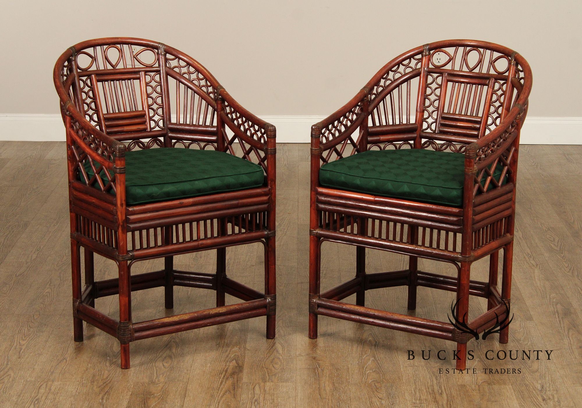 Mid Century Brighton Pavilion Style Pair of Caned Bamboo Armchairs