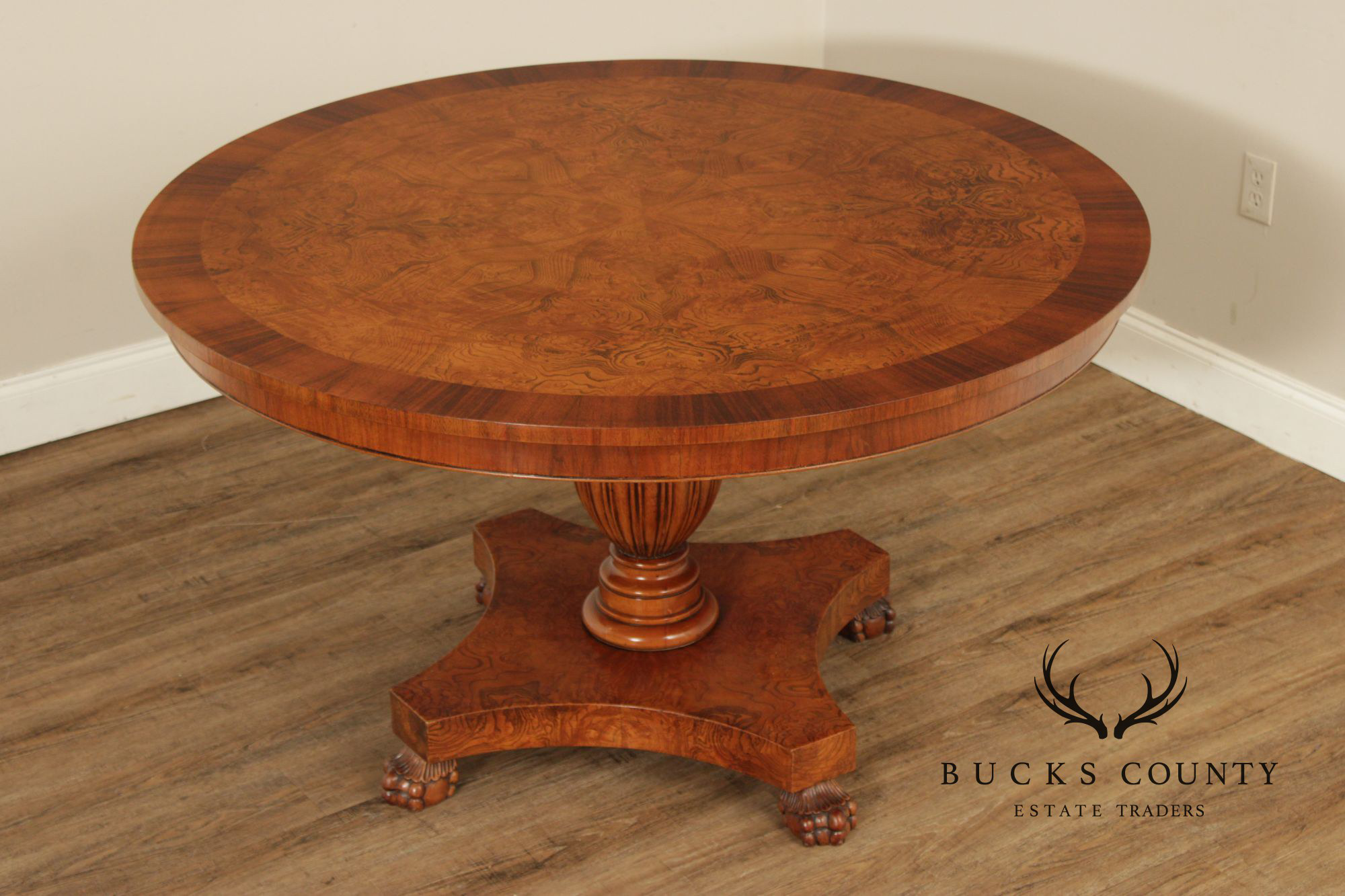 Italian Made Empire Style Round Burlwood Pedestal Center Table