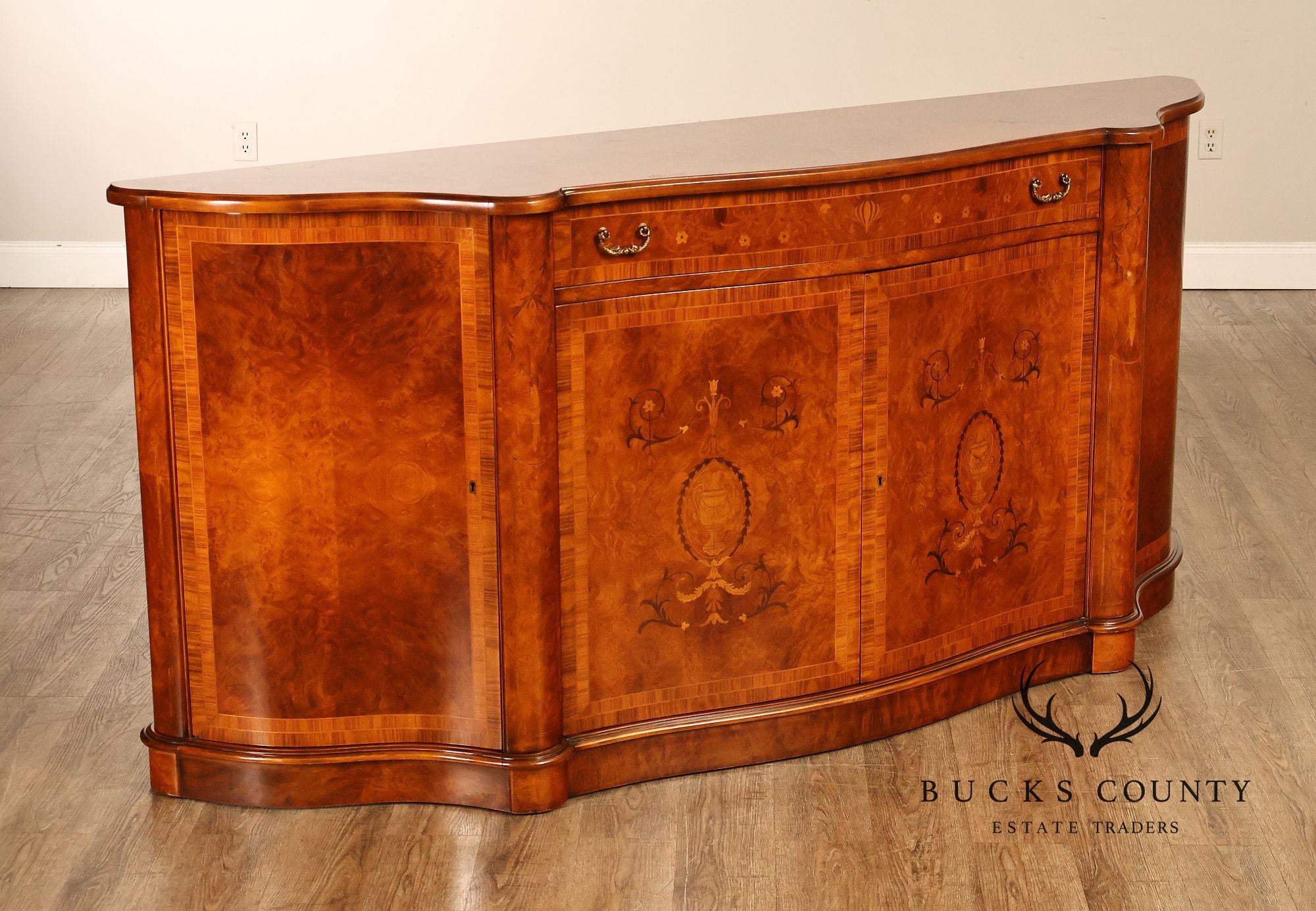Italian Neoclassical Style Burl Wood Marquetry Inlaid Serpentine Sideboard
