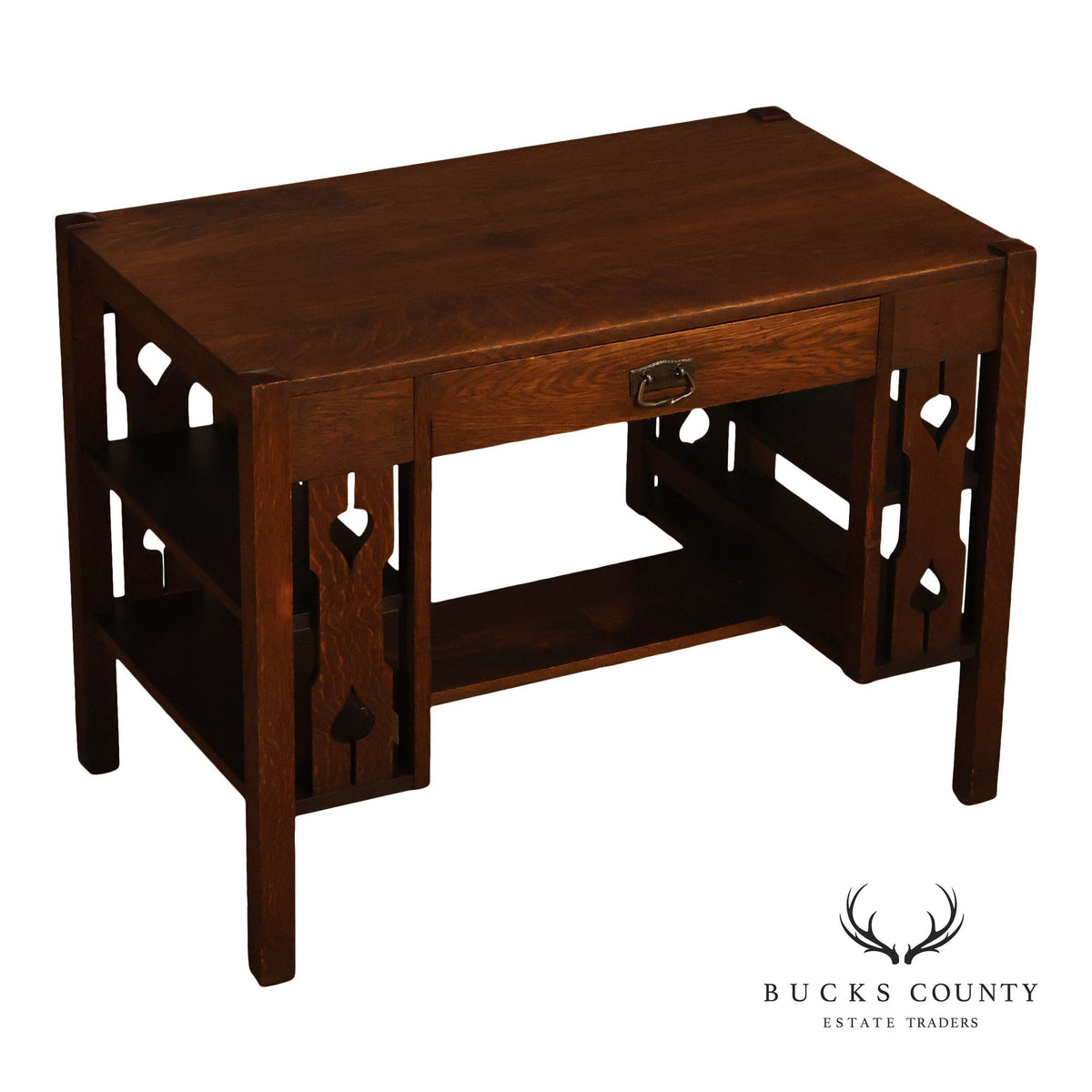 Antique Arts And Crafts Mission Oak Writing Desk With Side Shelves