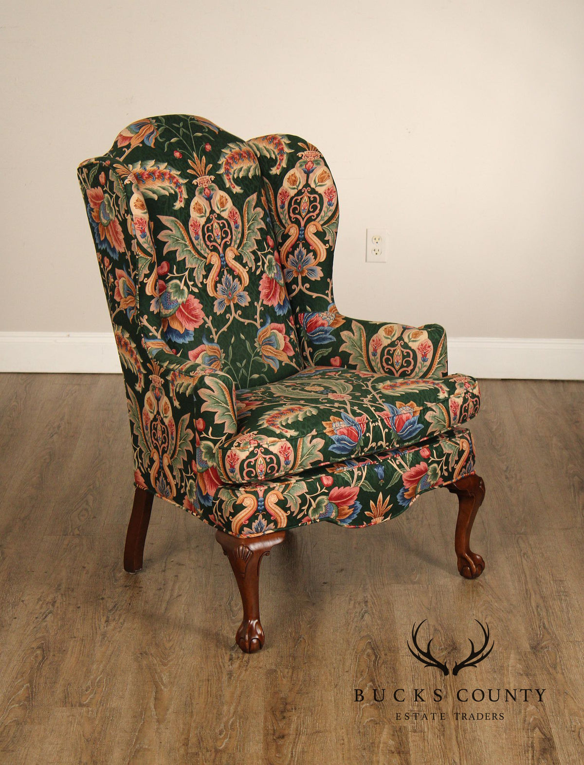 Ethan Allen Floral Upholstered Chippendale Style Wingback Chair