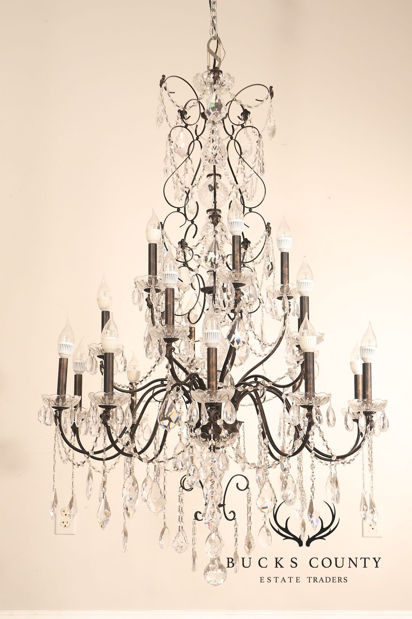 Large Twenty-Light Crystal And Wrought Iron 55" Chandelier