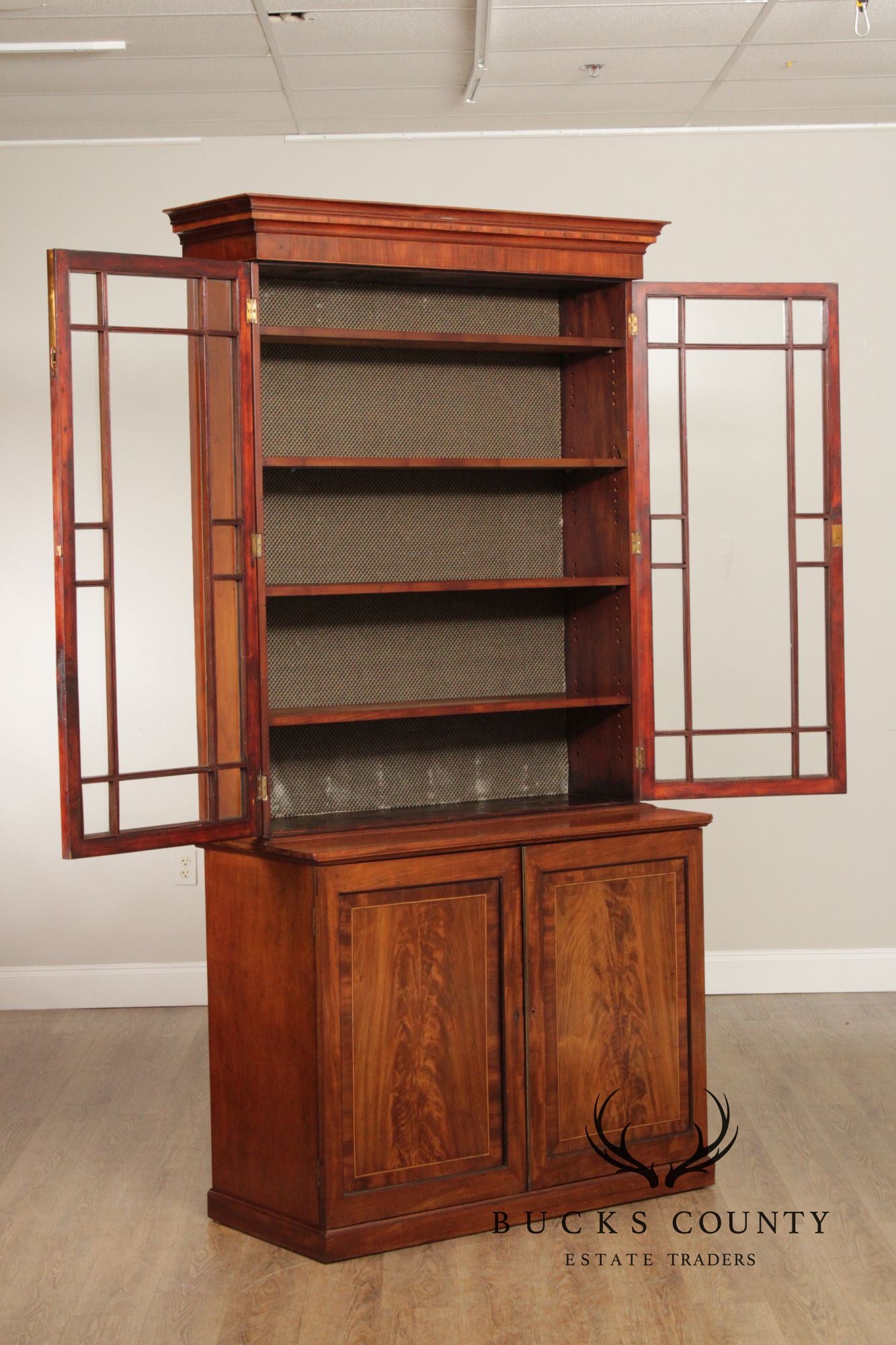Antique English Mahogany Georgian Style Inlaid Bookcase Cabinet