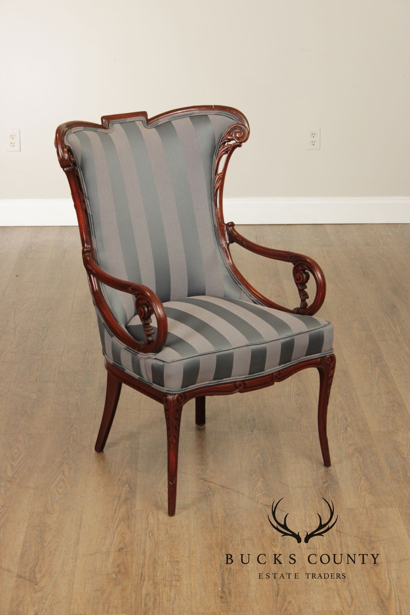 Pair Of Louis XV Style Carved Mahogany Upholstered Armchairs