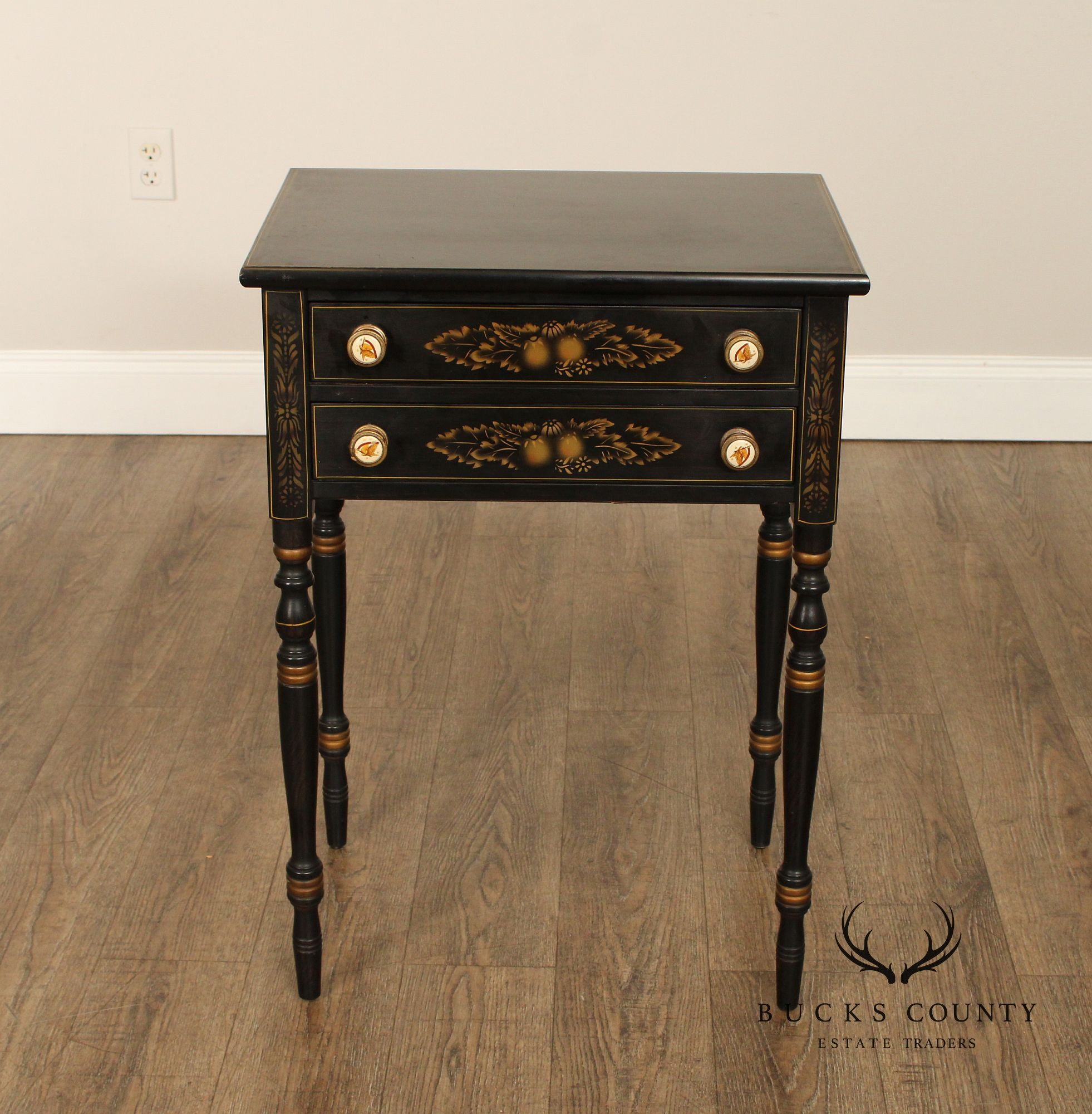 L. Hitchcock Vintage Black and Gilt Painted Two-Drawer Nightstand