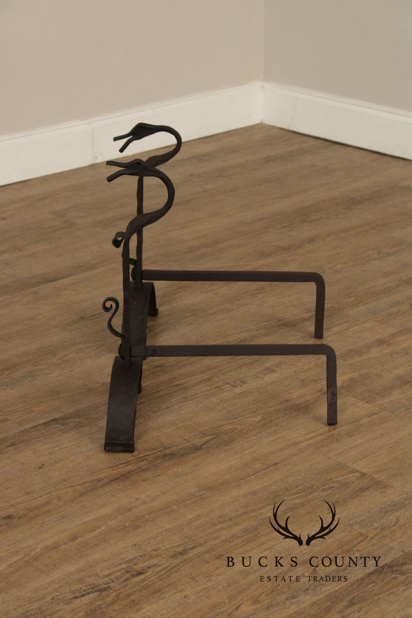 Arts & Crafts Pair of Wrought Iron Duck Fireplace Andirons