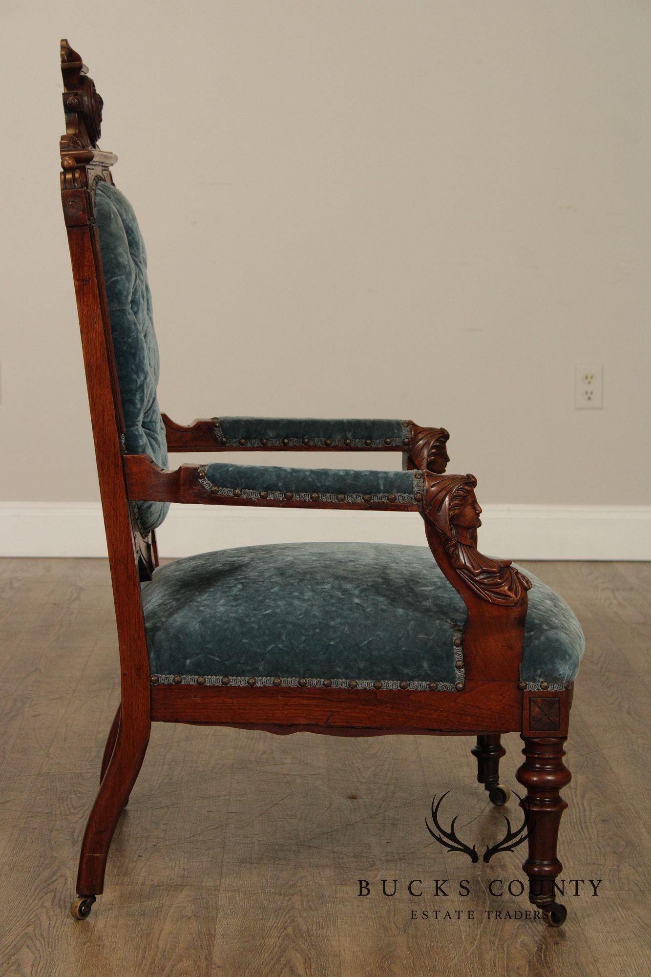 Antique Renaissance Revival Figural Carved Walnut Armchair