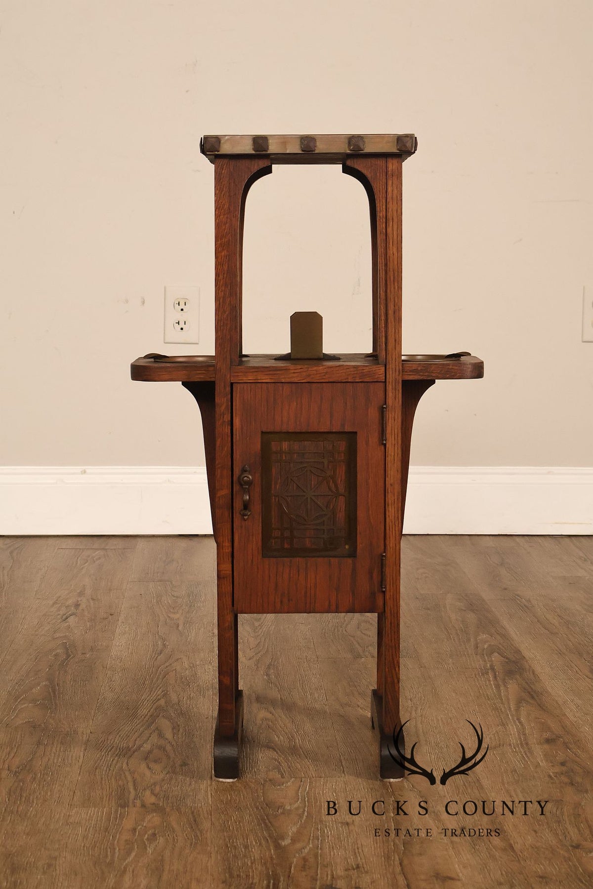 Antique Mission Arts And Crafts Oak Smoking Stand With Copper Ashtrays