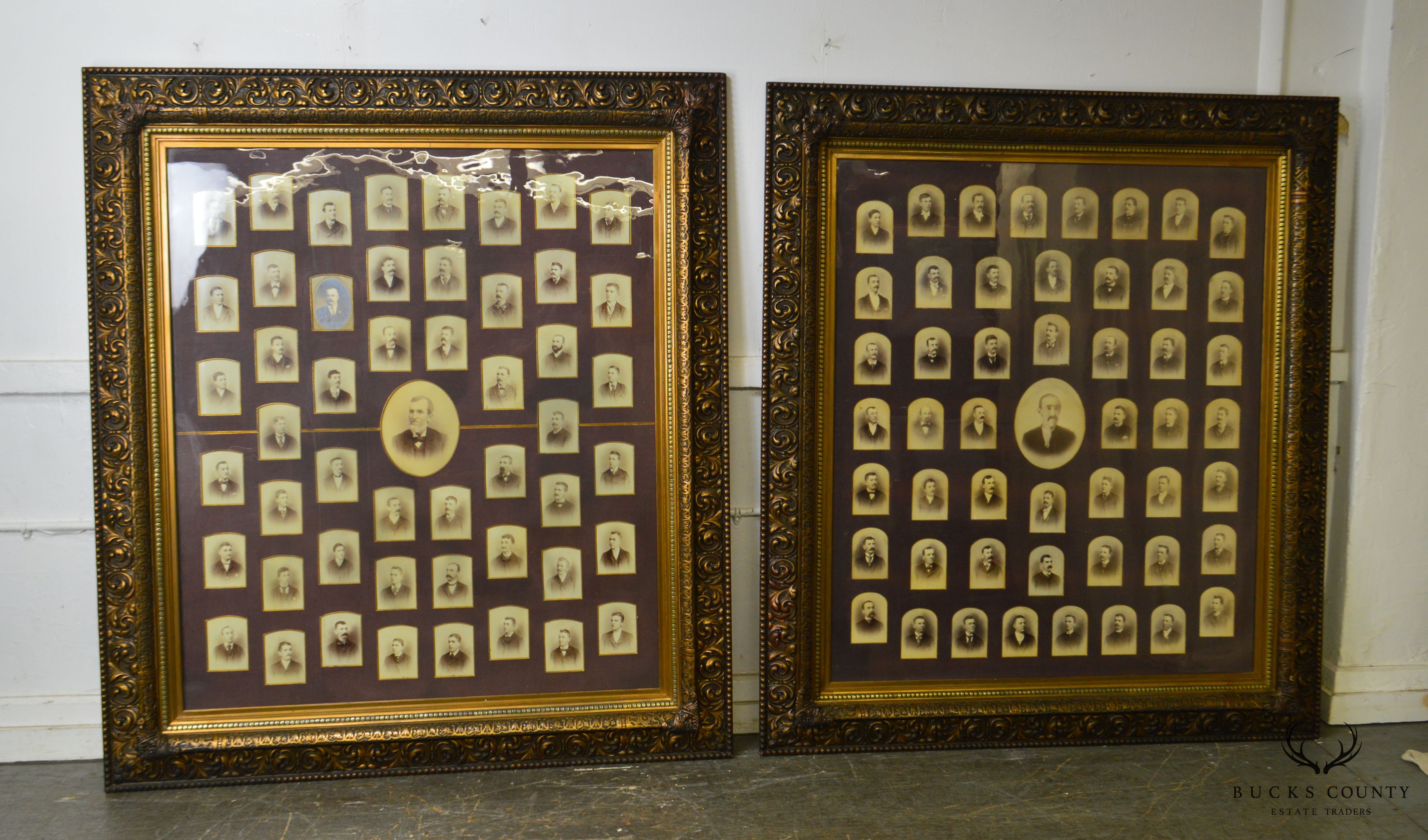 Antique Aesthetic Carved Pair Large Gold Frames with Historical Lodge Photos