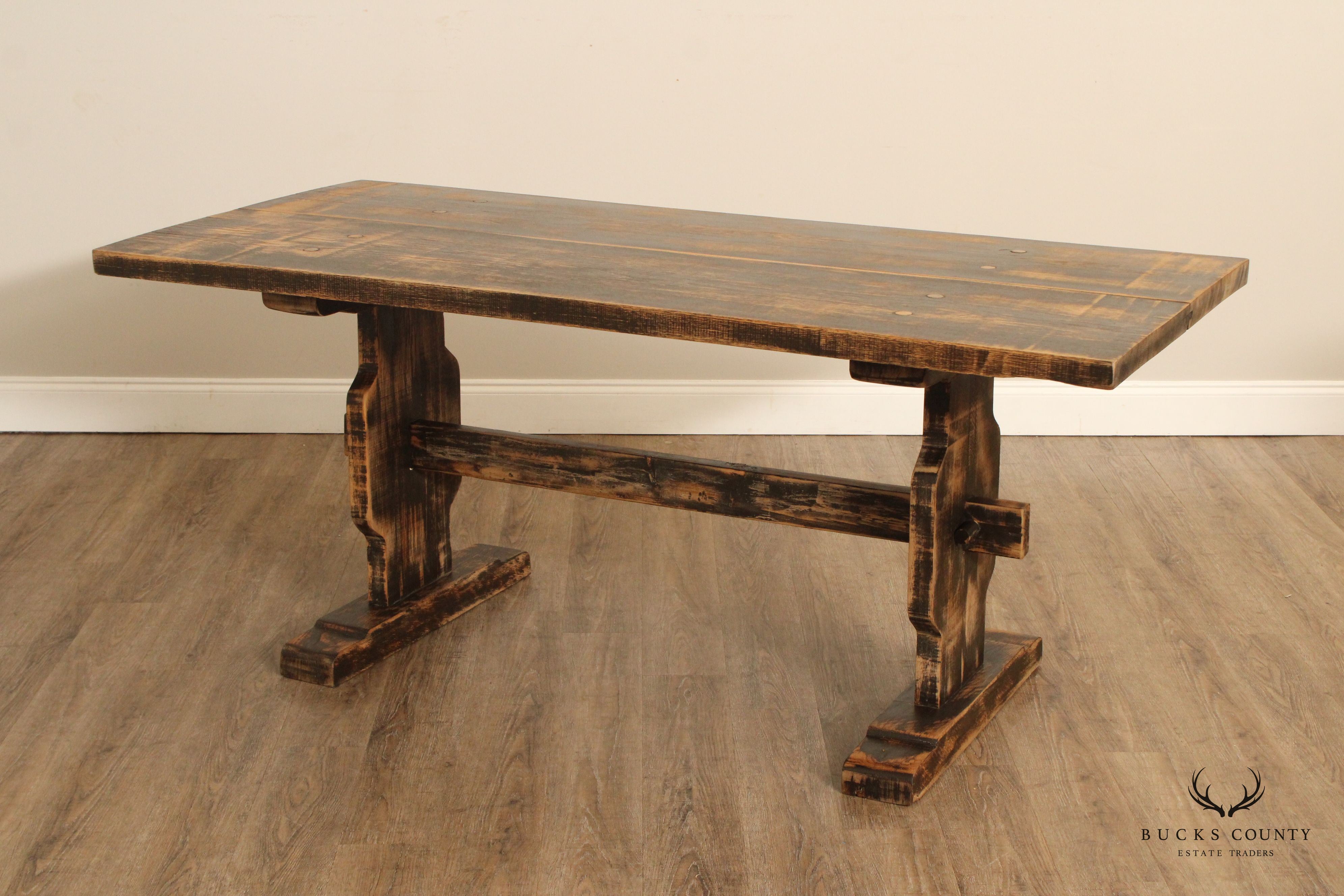 Custom Crafted Farmhouse Aged and Distressed Oak Trestle Dining Table