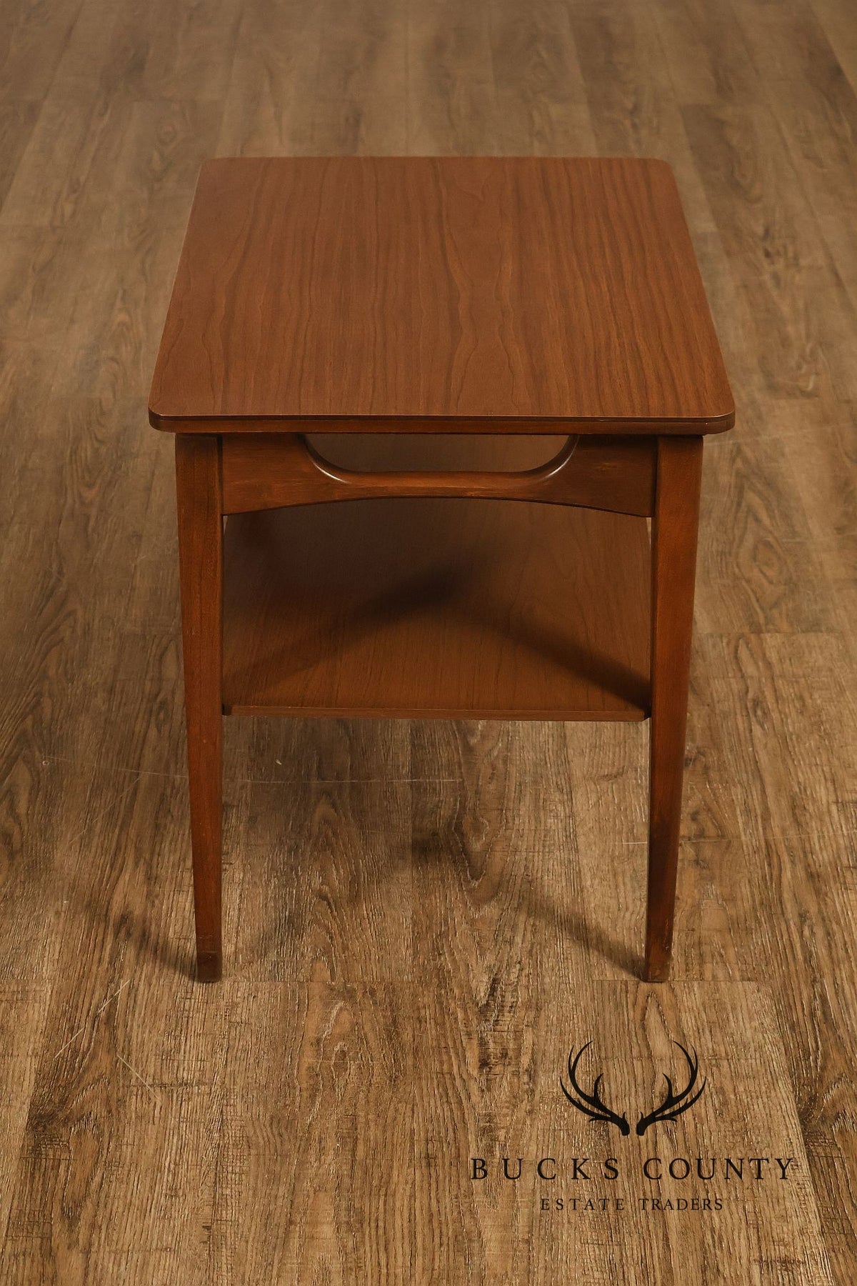 Mid-Century Modern Walnut Two-Tier End Table With Sculpted Apron Detail