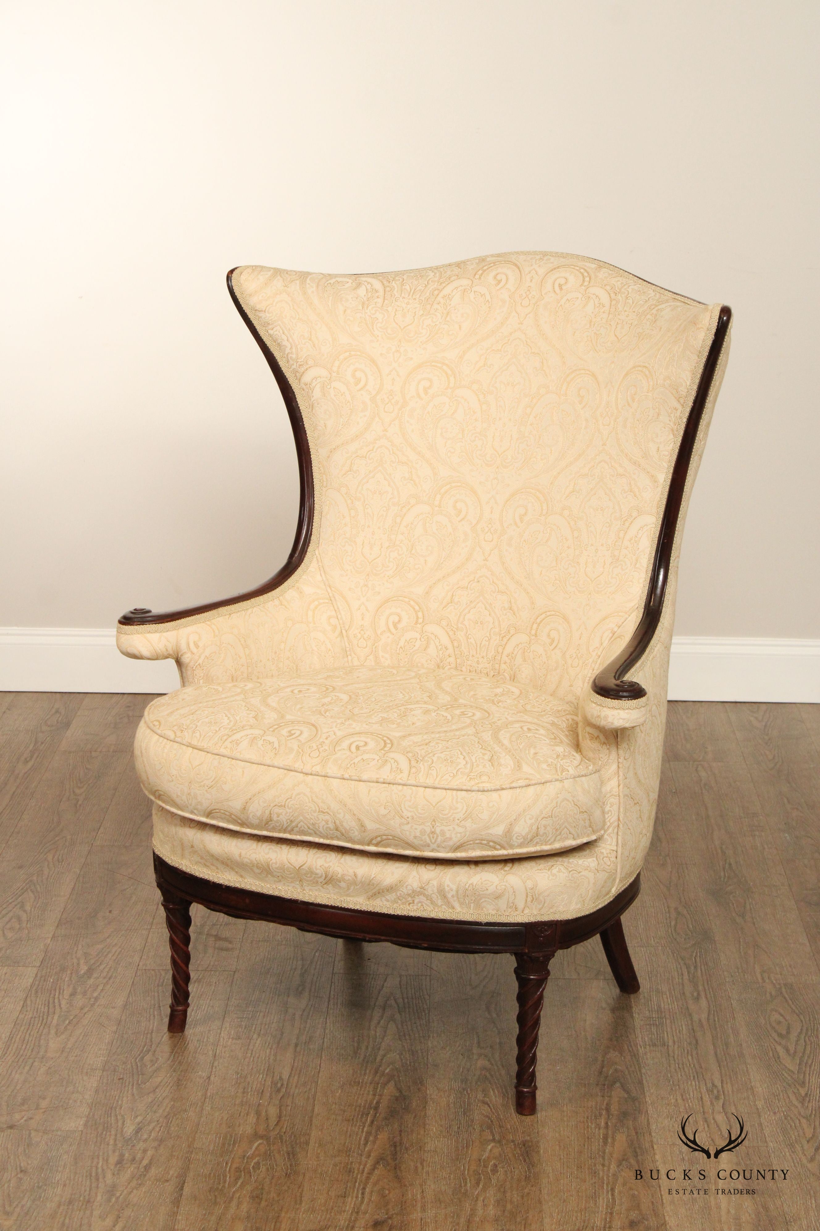 1940's Regency Style Mahogany Frame Damask Wing Chair