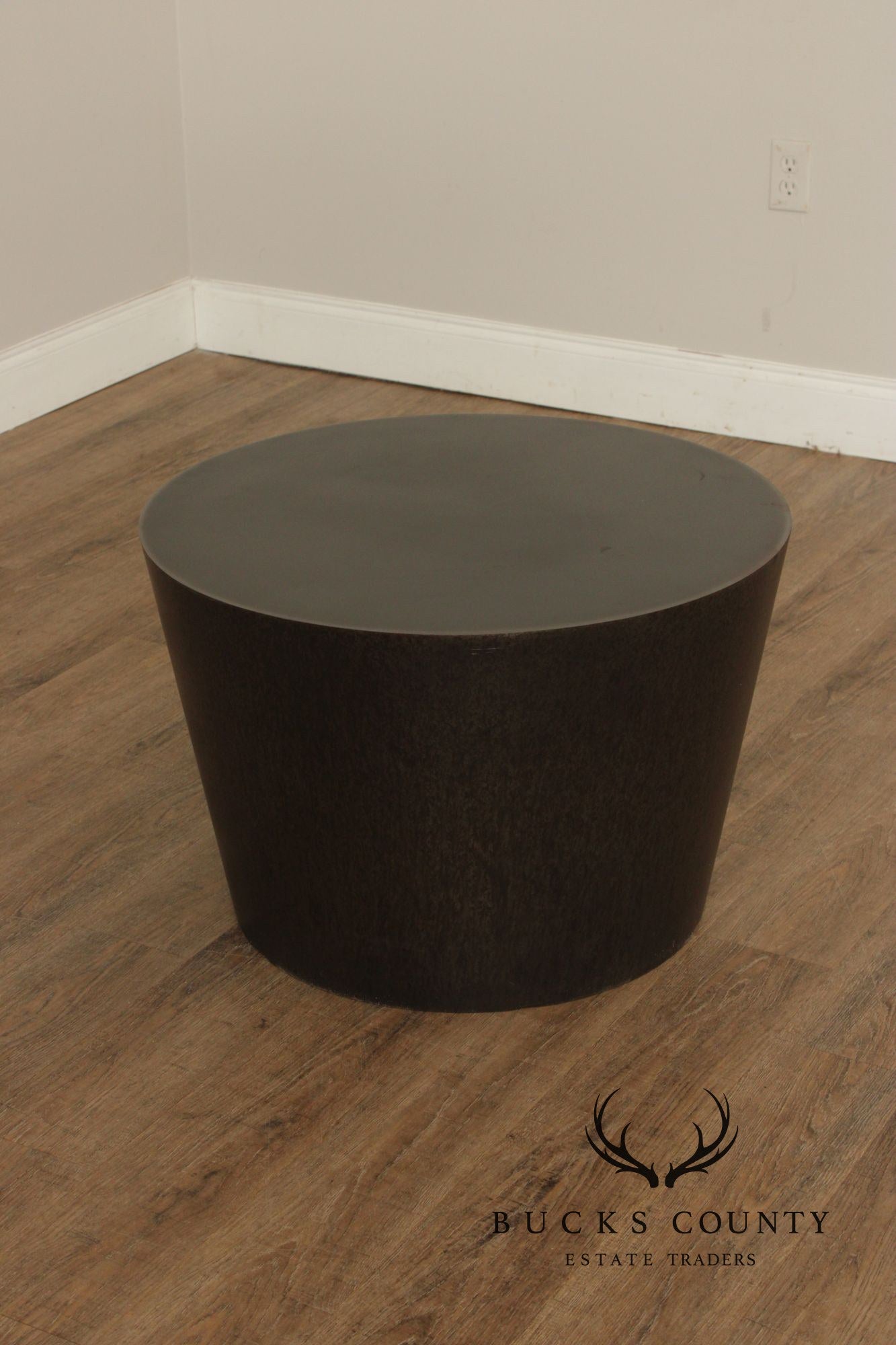 Modern Pair of Patinated Steel Round Drum Side Tables