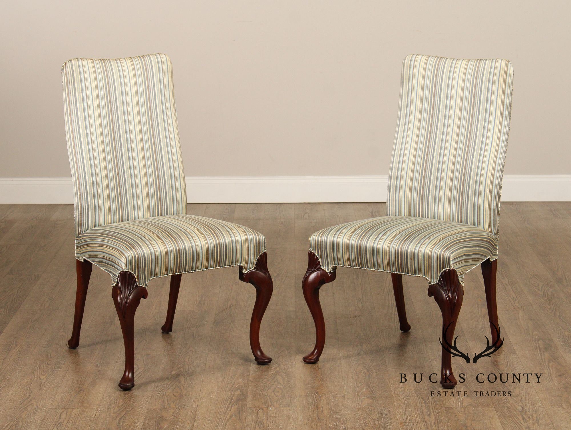 Queen Anne Style Pair of Carved Mahogany Upholstered Side Chairs