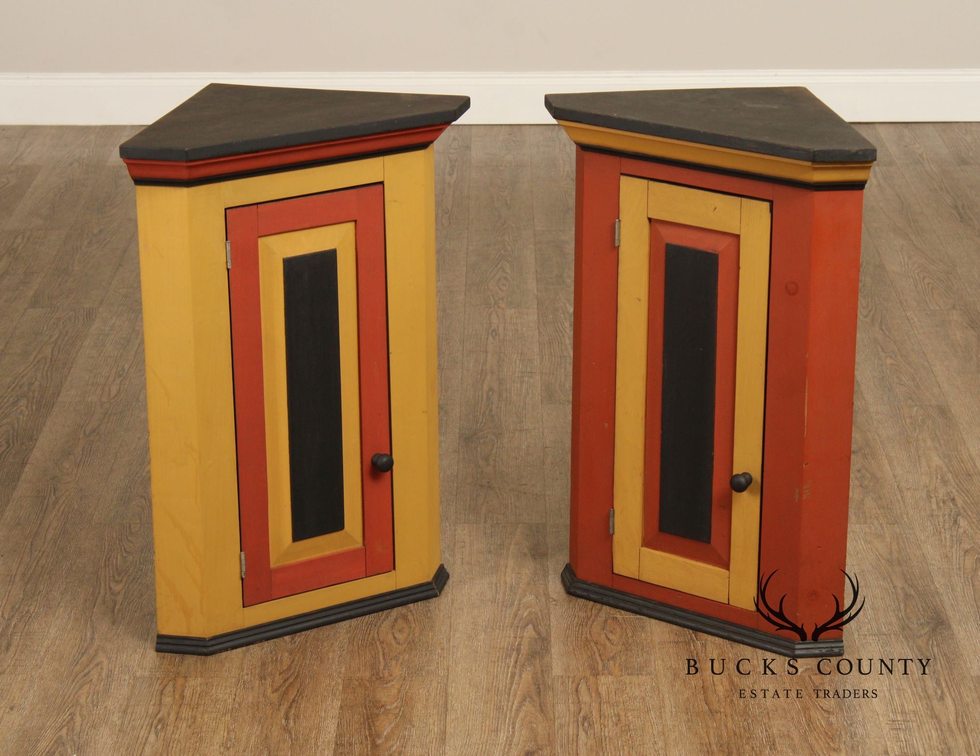 Pair Of Handcrafted Folk Art Painted Pine Corner Cabinets
