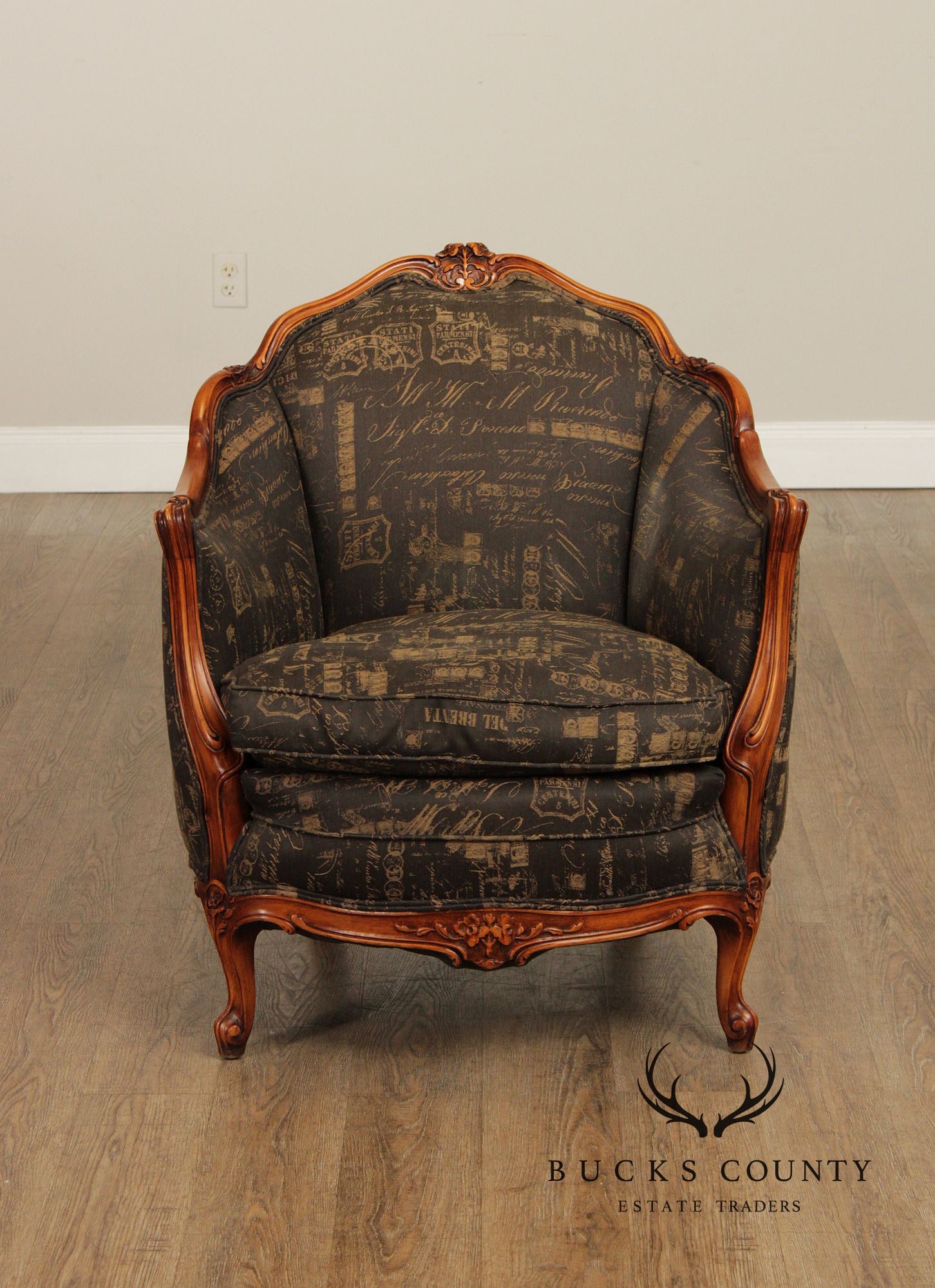 1930's French Louis XV Style Carved Barrel Bergere Armchair