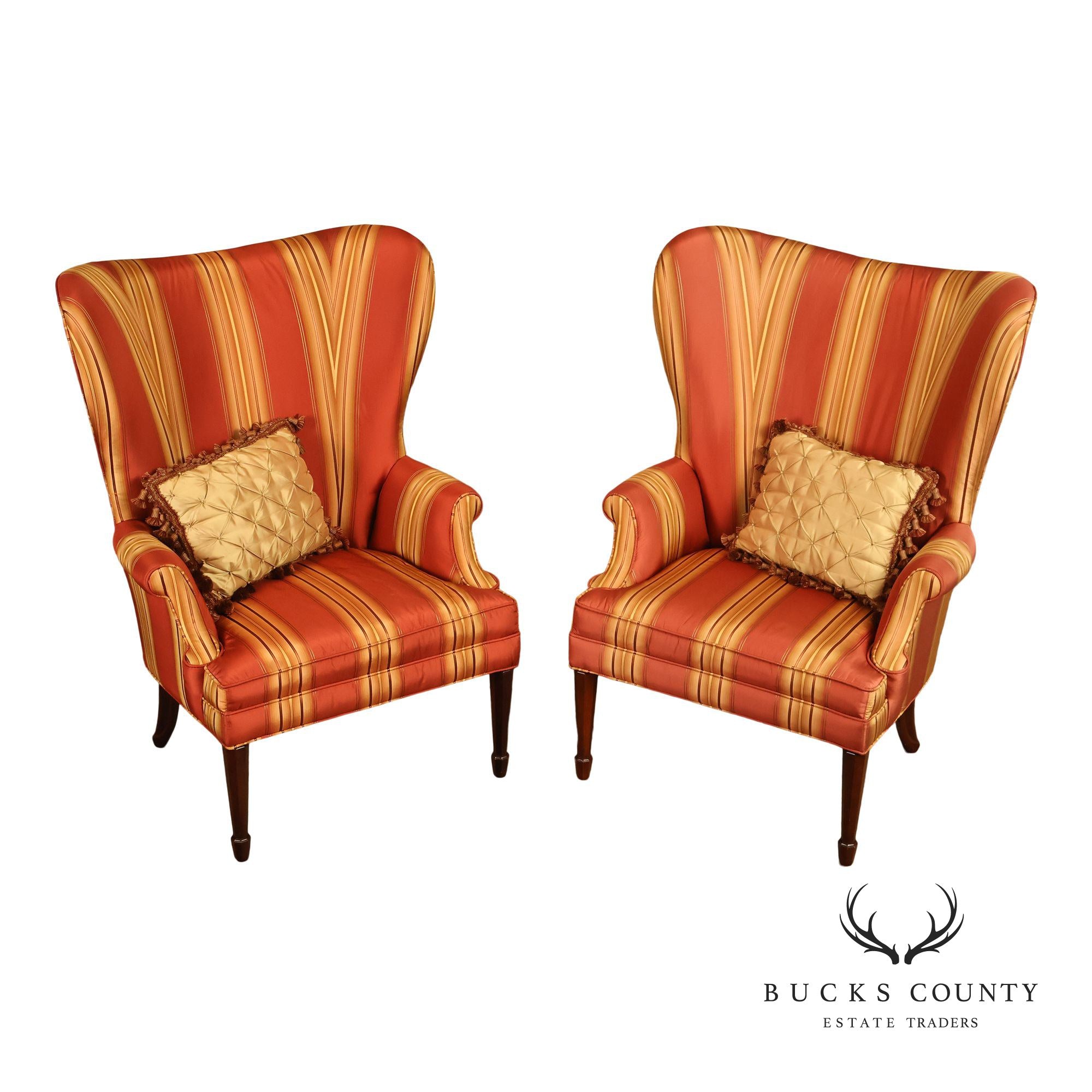 Custom Quality Pair Of Mahogany Fanback Wing Chairs
