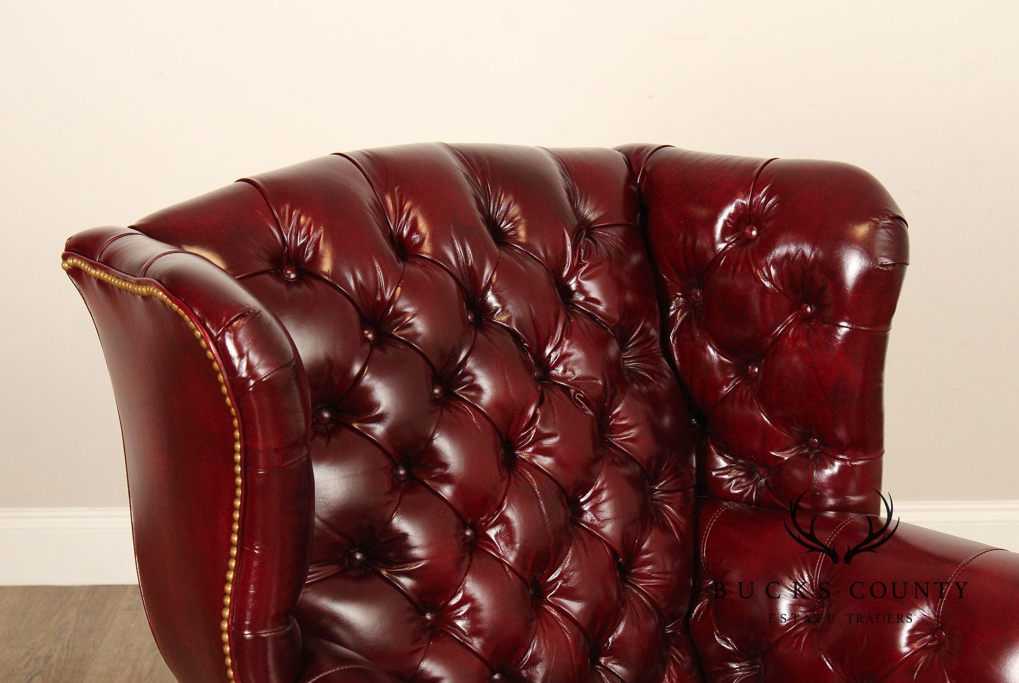 Georgian Style Tufted Oxblood Leather 'Reynolds' Wing Chair and Ottoman