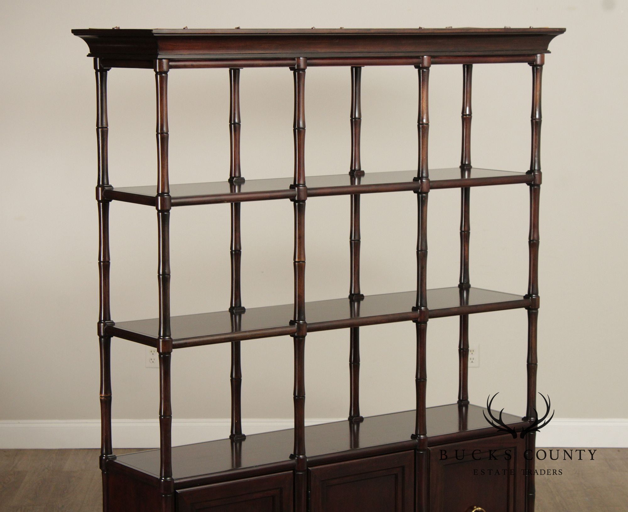 Faux Bamboo Large Mahogany Etagere Bookcase Cabinet