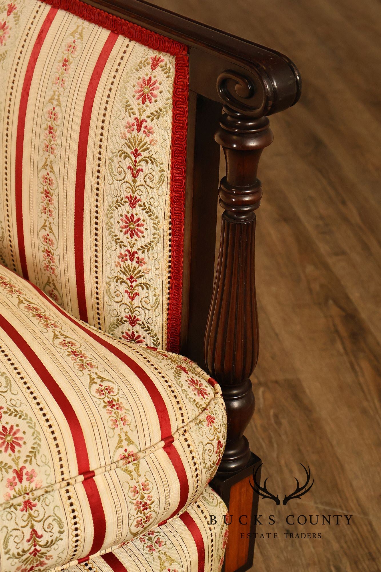 Vintage Sheraton Style Mahogany Inlaid Upholstered Loveseat
