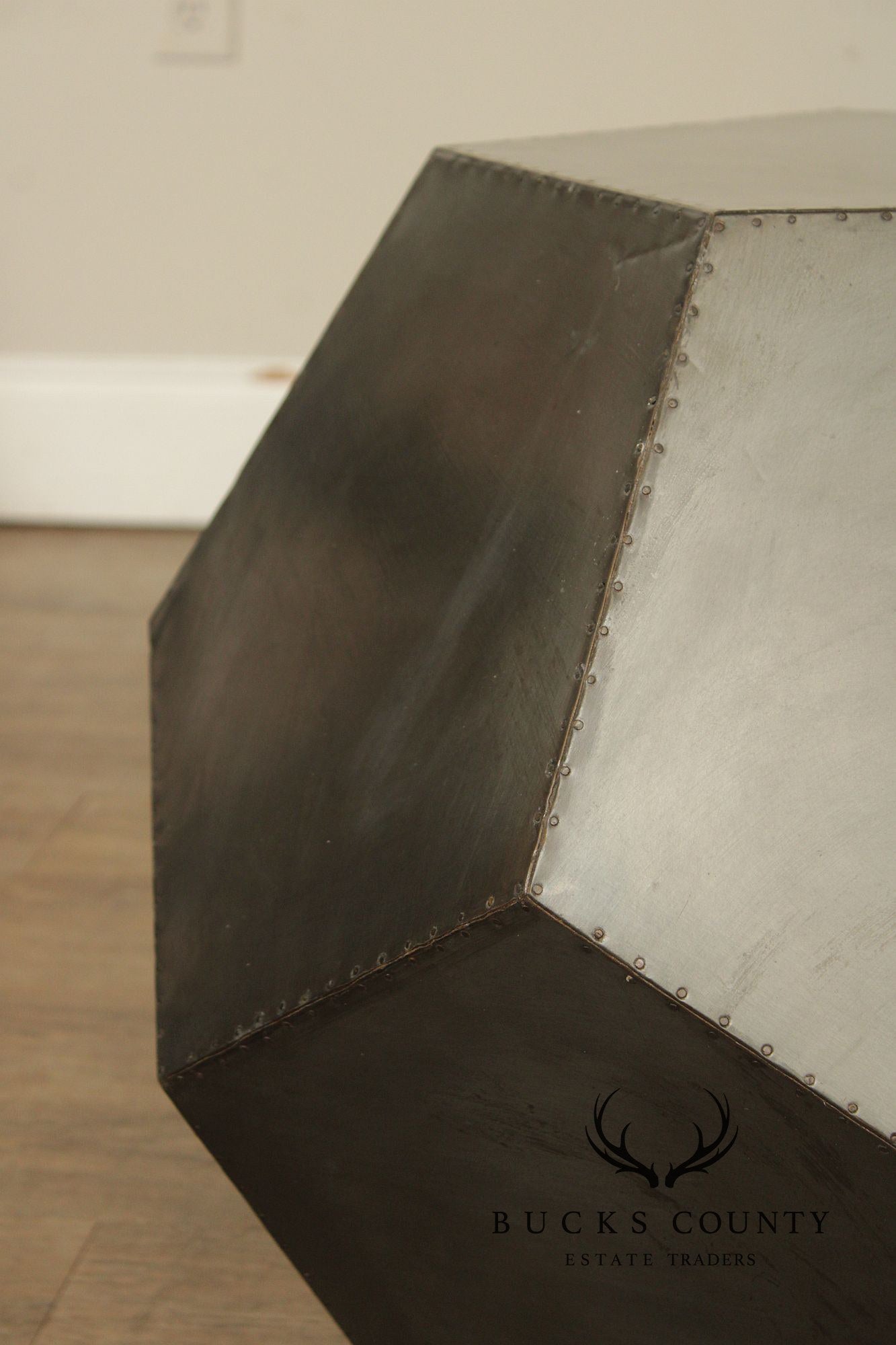 Restoration Hardware Industrial Style Zinc Polyhedron Side Tables Pair