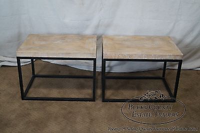 Jonathan Charles Cerused Oak Pair of Iron Base Side Tables