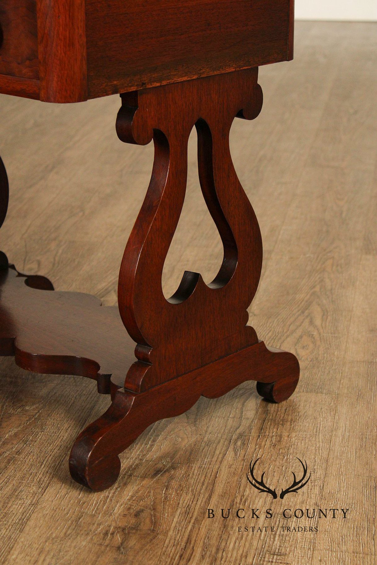 Antique American Empire Mahogany Lyre Form Two-Drawer Work Table