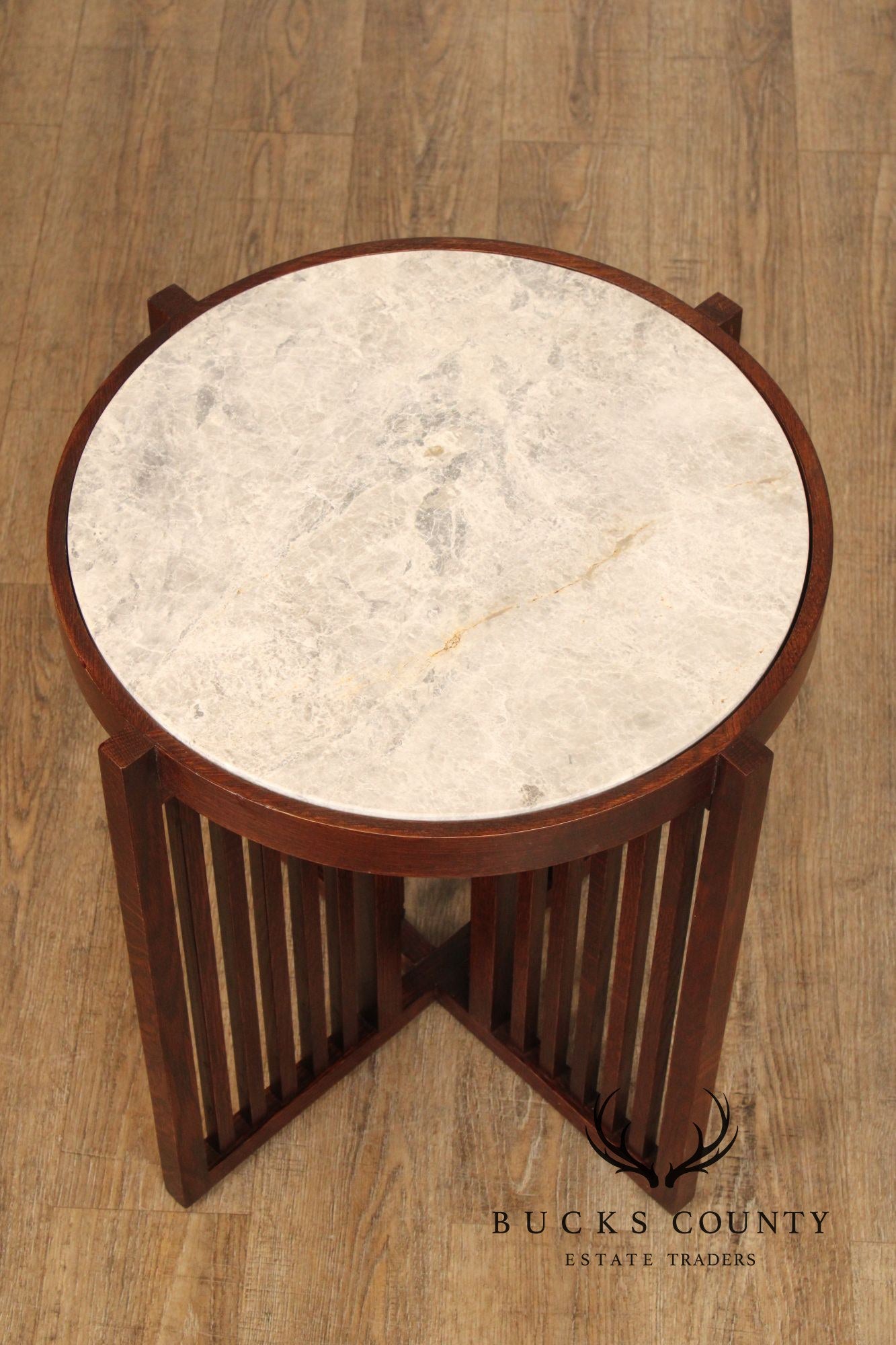 Stickley Park Slope Collection Round Marble Top Oak End Table