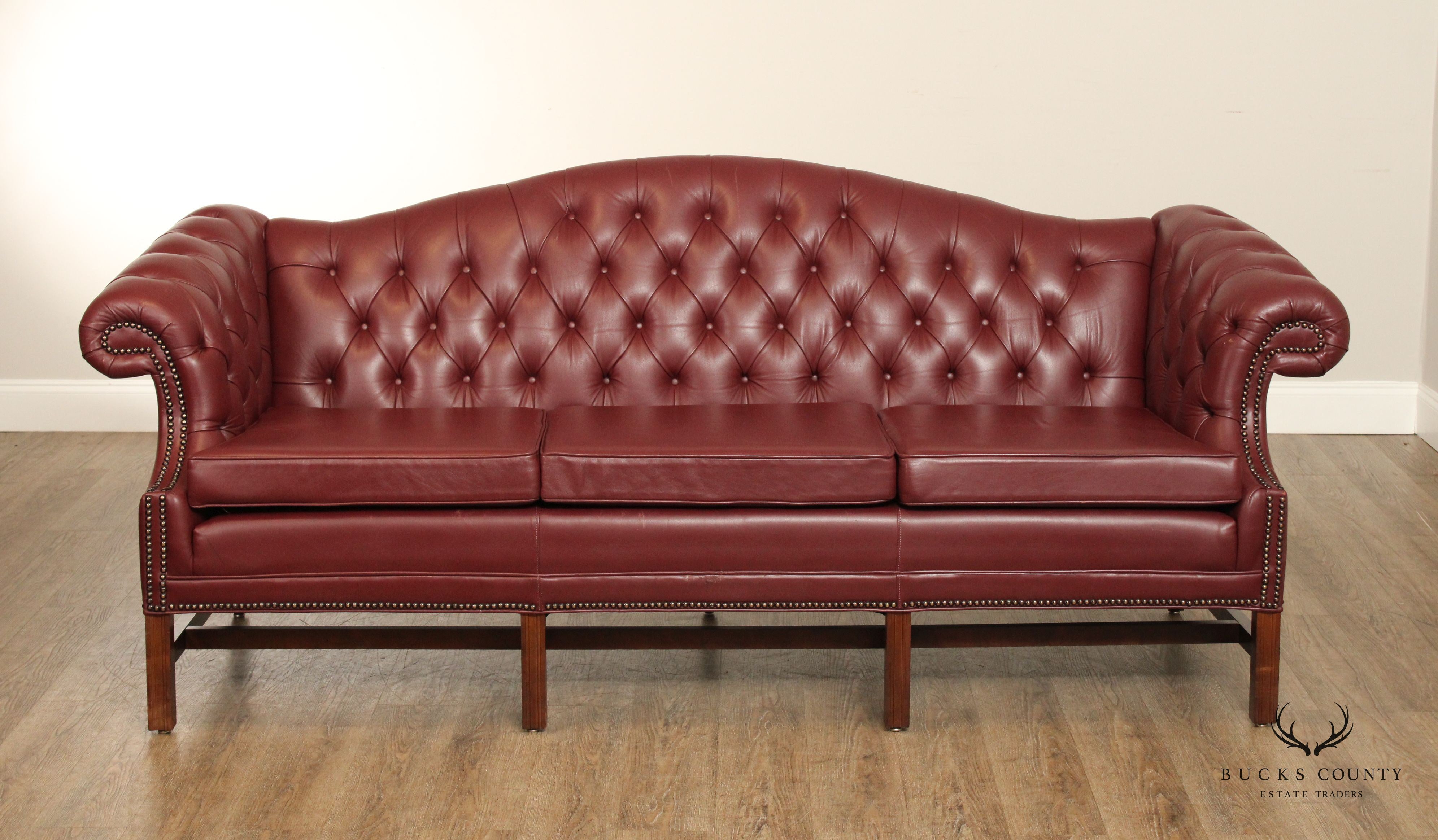 Chippendale Chesterfield Style Tufted Leather Camelback Sofa