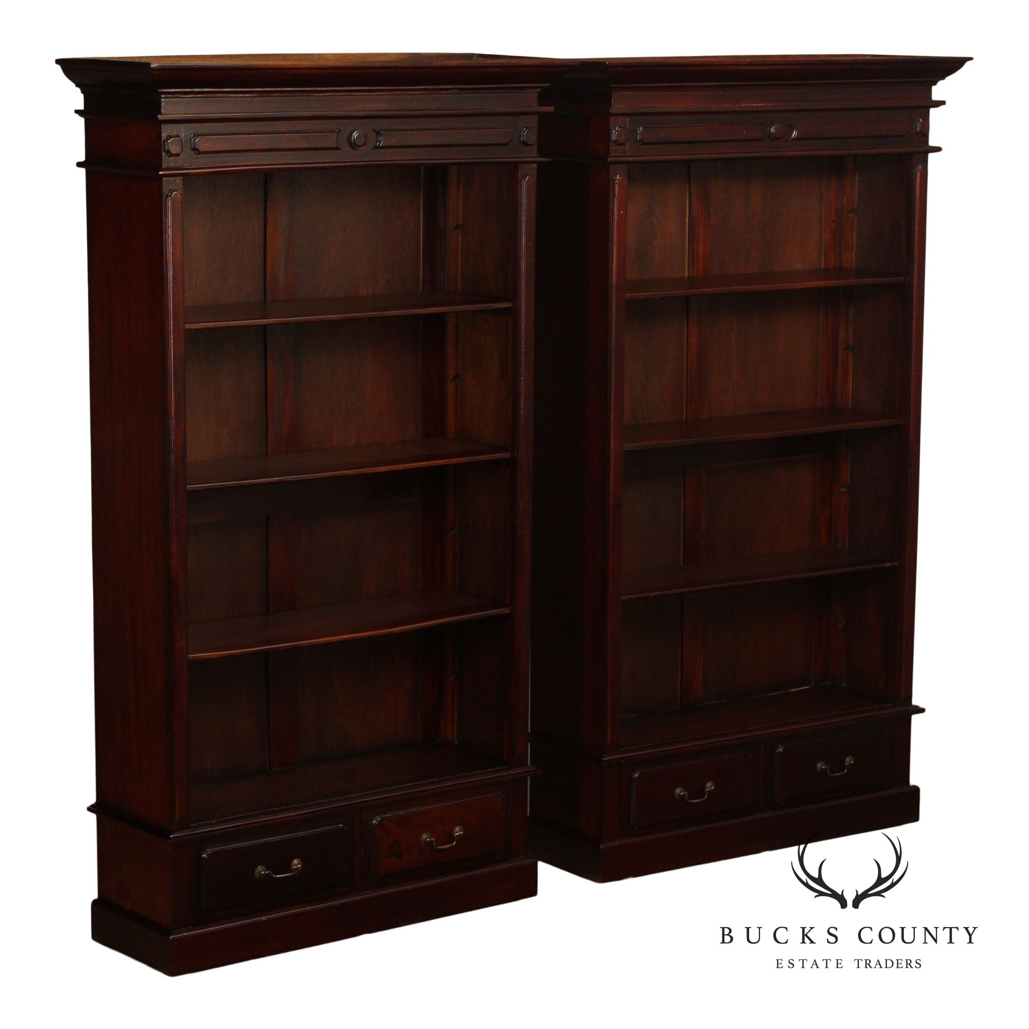 Mahogany Pair Of Tall Open Bookcases With Drawers