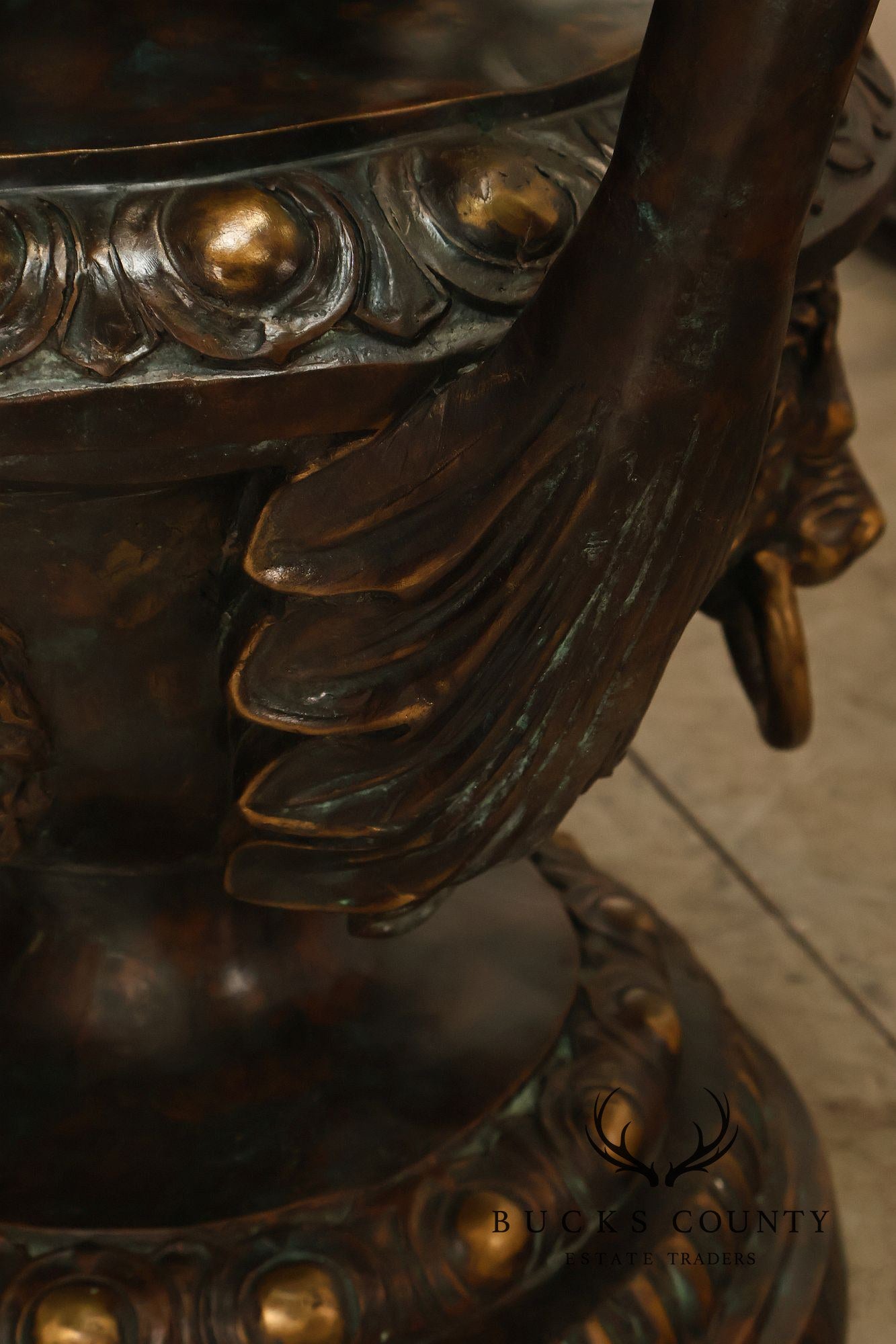 Monumental Brass Urn Form  Double Pedestal Glass Top Dining Table