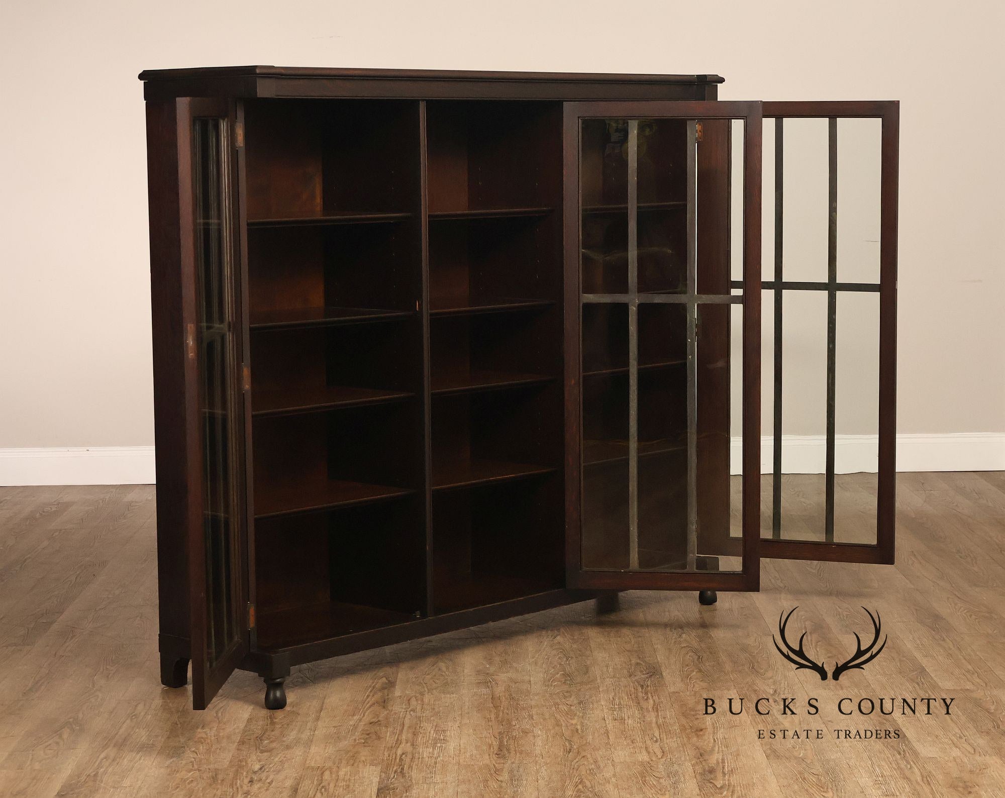 Antique Carved Oak Glass Door Triple Bookcase