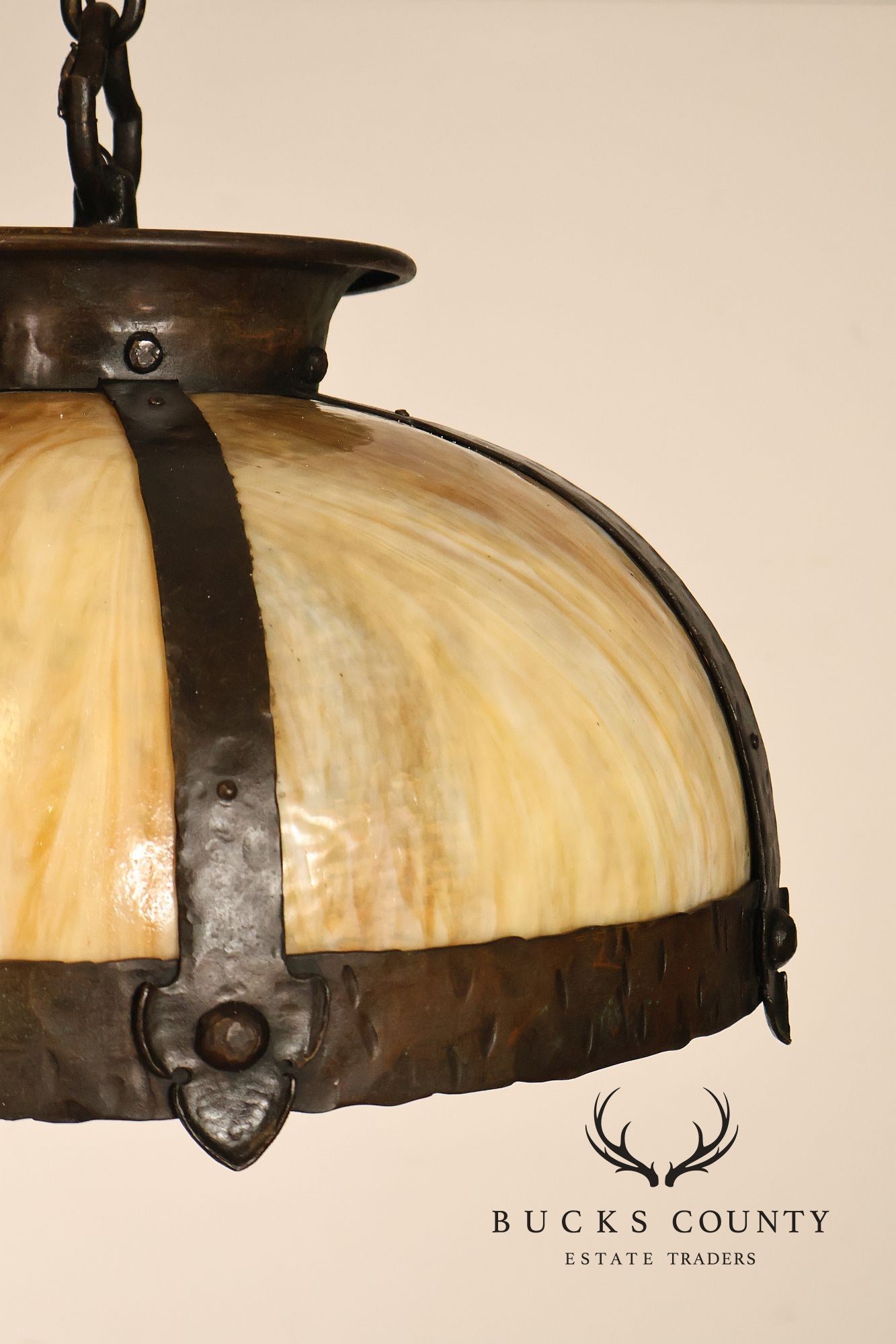 Antique Arts & Crafts Style Slag Glass Dome Pendant Chandelier