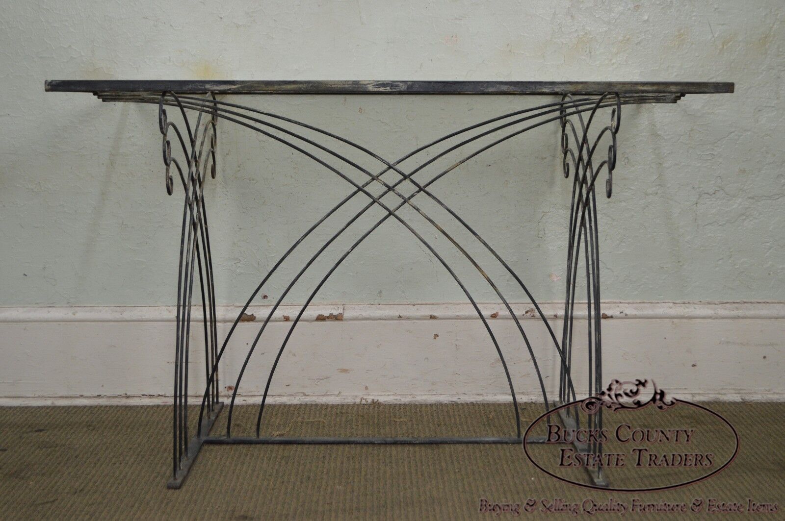 Art Deco Vintage Studio Wrought Iron Glass Top Patio Console Table