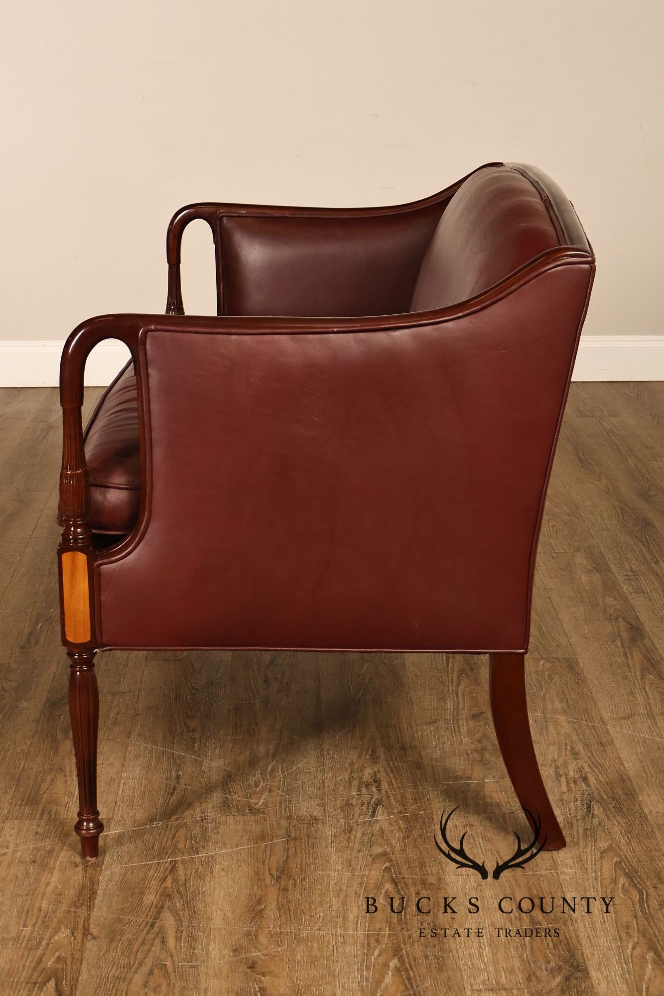 Hancock & Moore Sheraton Style Inlaid Mahogany Leather Settee