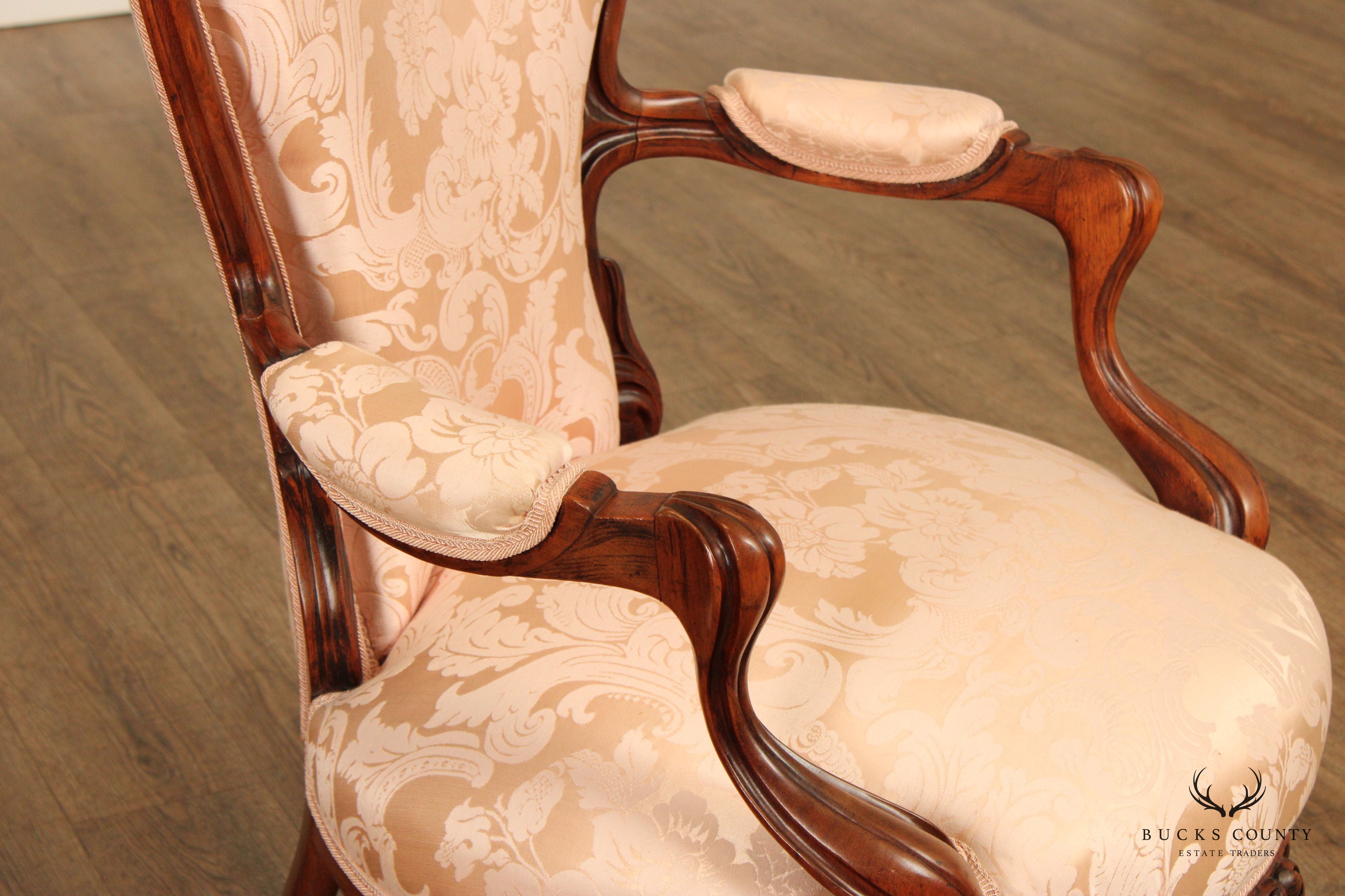 Antique Victorian Pair of Carved Walnut Armchairs