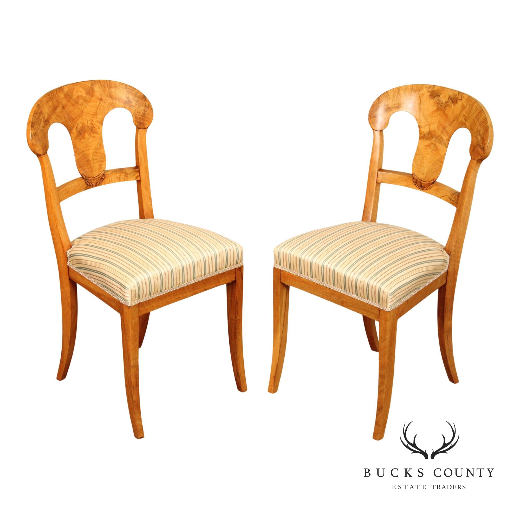 Antique Biedermeier Pair of Birchwood Side Chairs