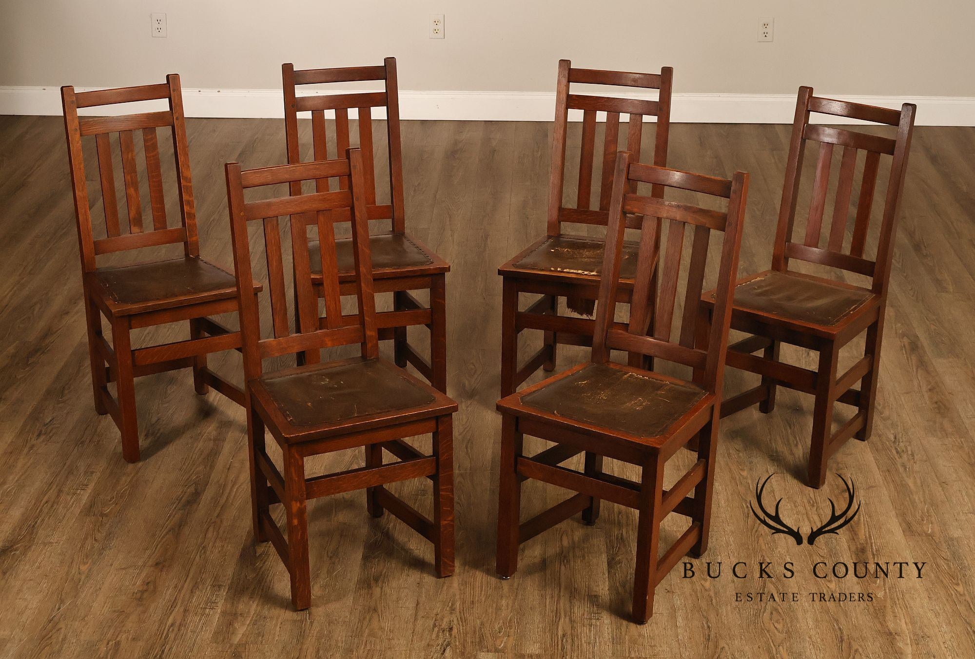 Antique Limbert Set Of 6 Arts & Crafts Oak Dining Chairs