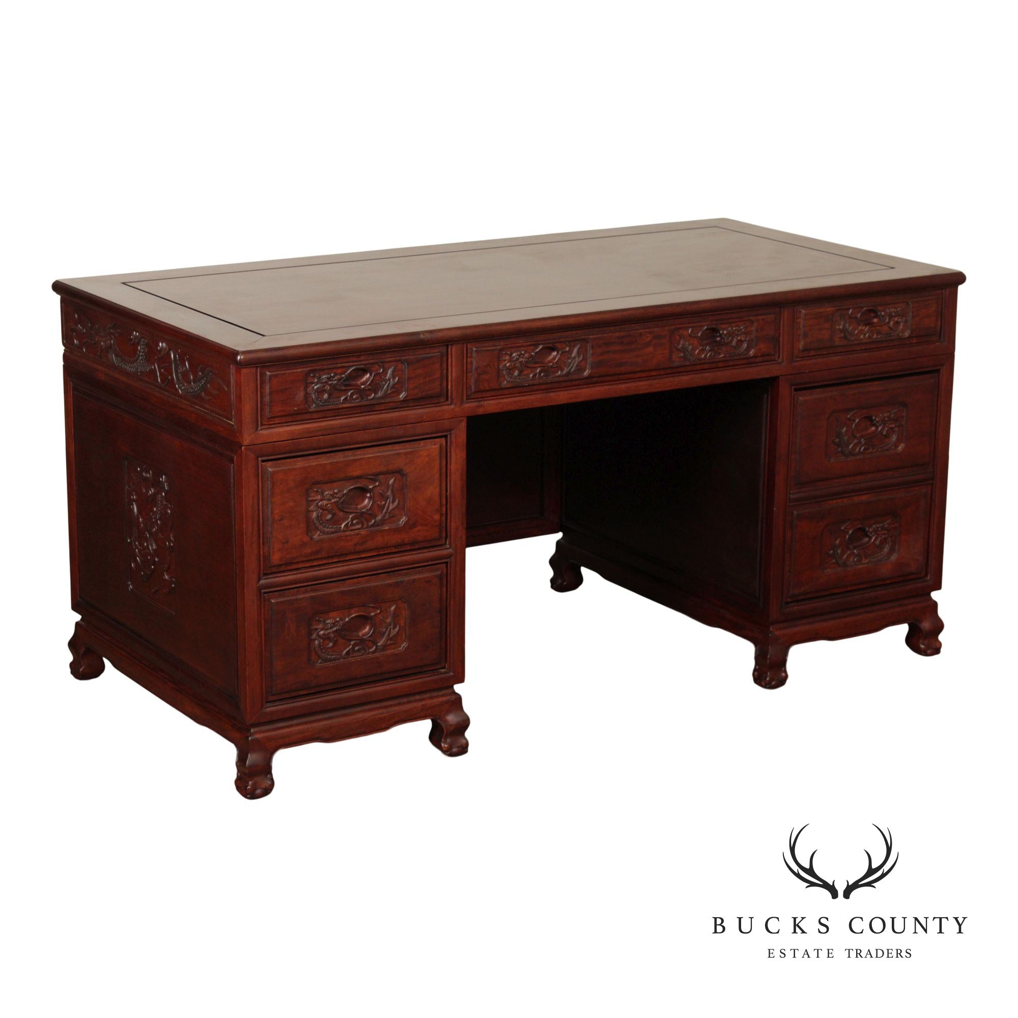 Chinese Rosewood Vintage Pedestal Executive Desk