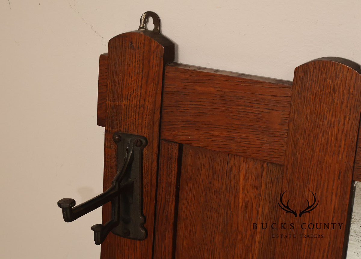 Antique Arts And Crafts Mission Oak Hall Mirror With Coat Hooks