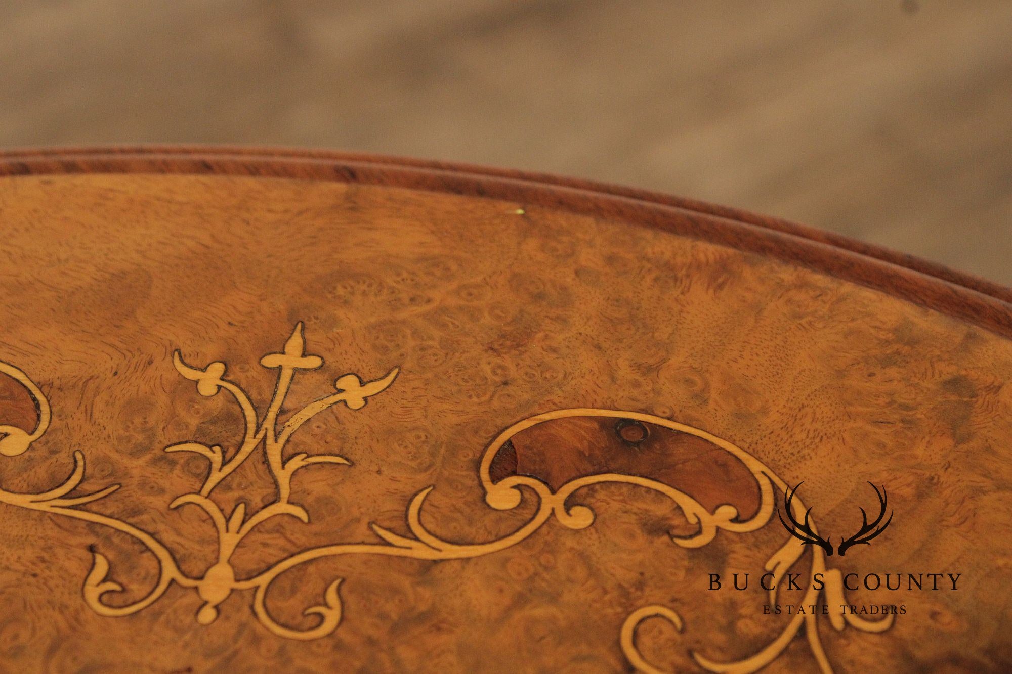 Antique Victorian Carved Inlaid Burl Wood Round Side Table