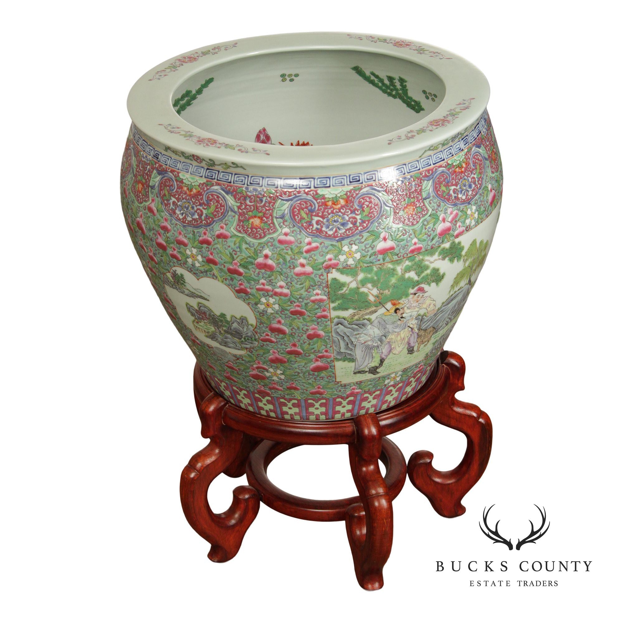 Chinese Famille Verte Fishbowl Planter on Stand