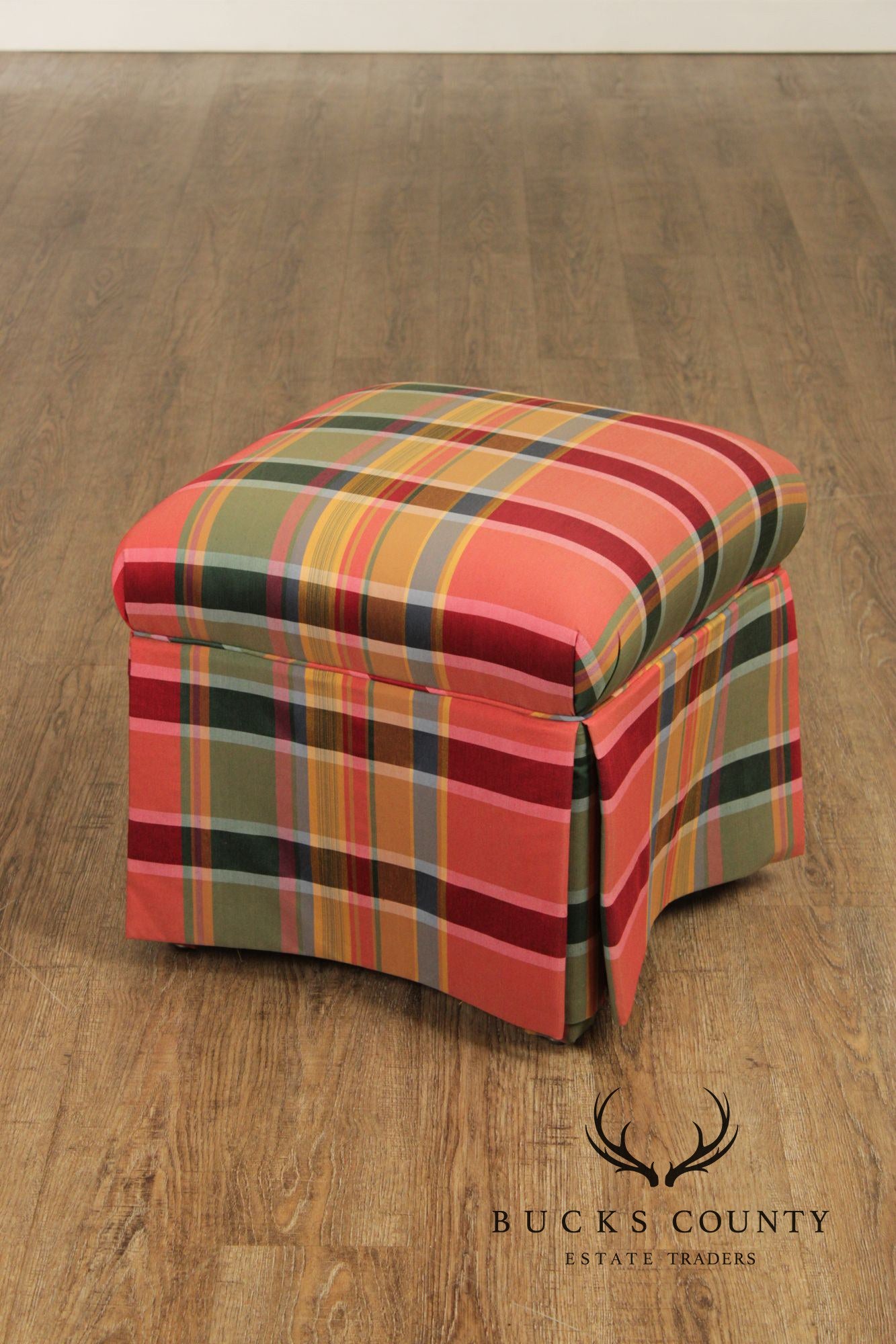 'A Colony Original'  Pair Of Upholstered Plaid Skirted Ottomans