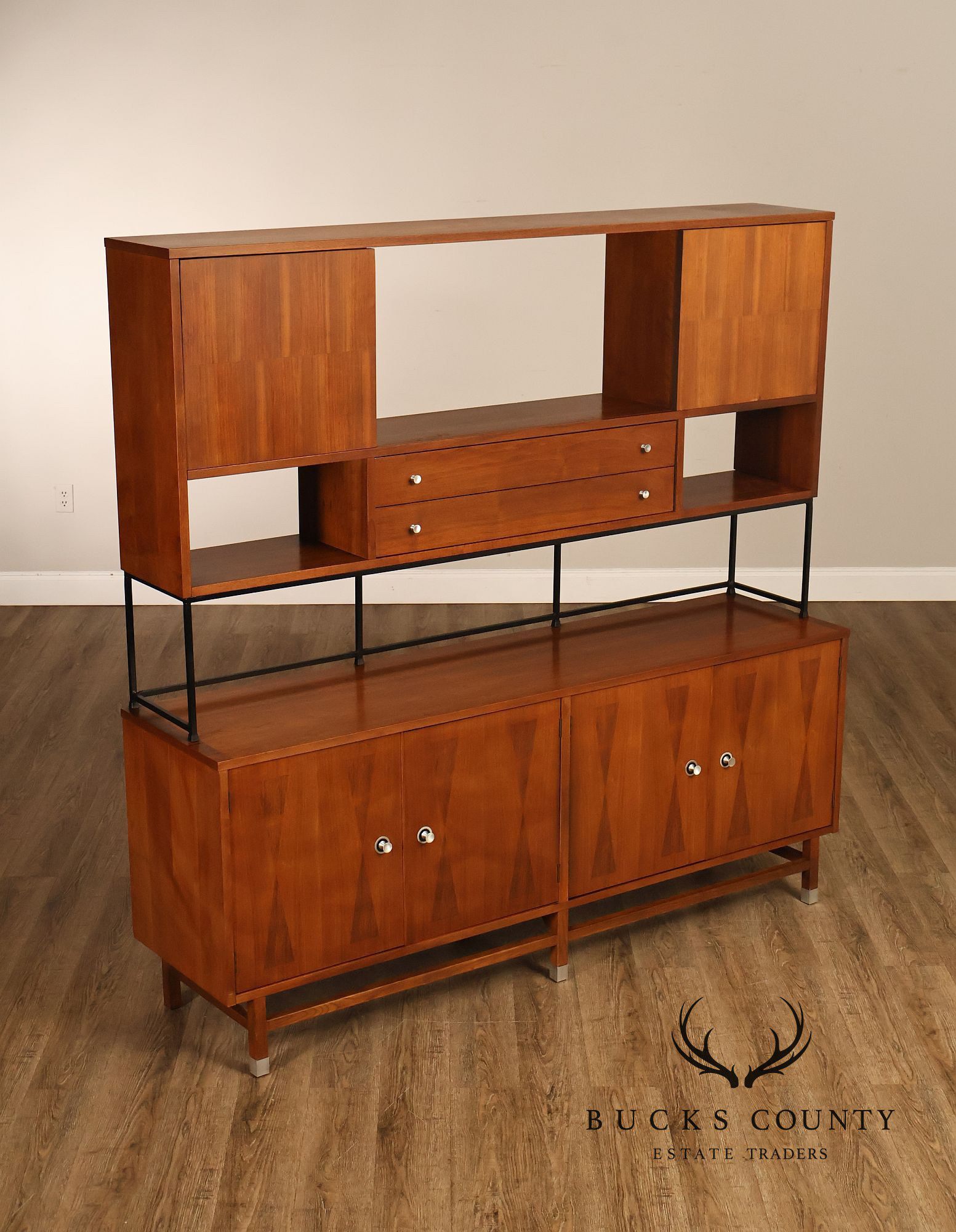 Stanley Mid Century Modern Walnut & Rosewood Inlaid Wall Unit Credenza
