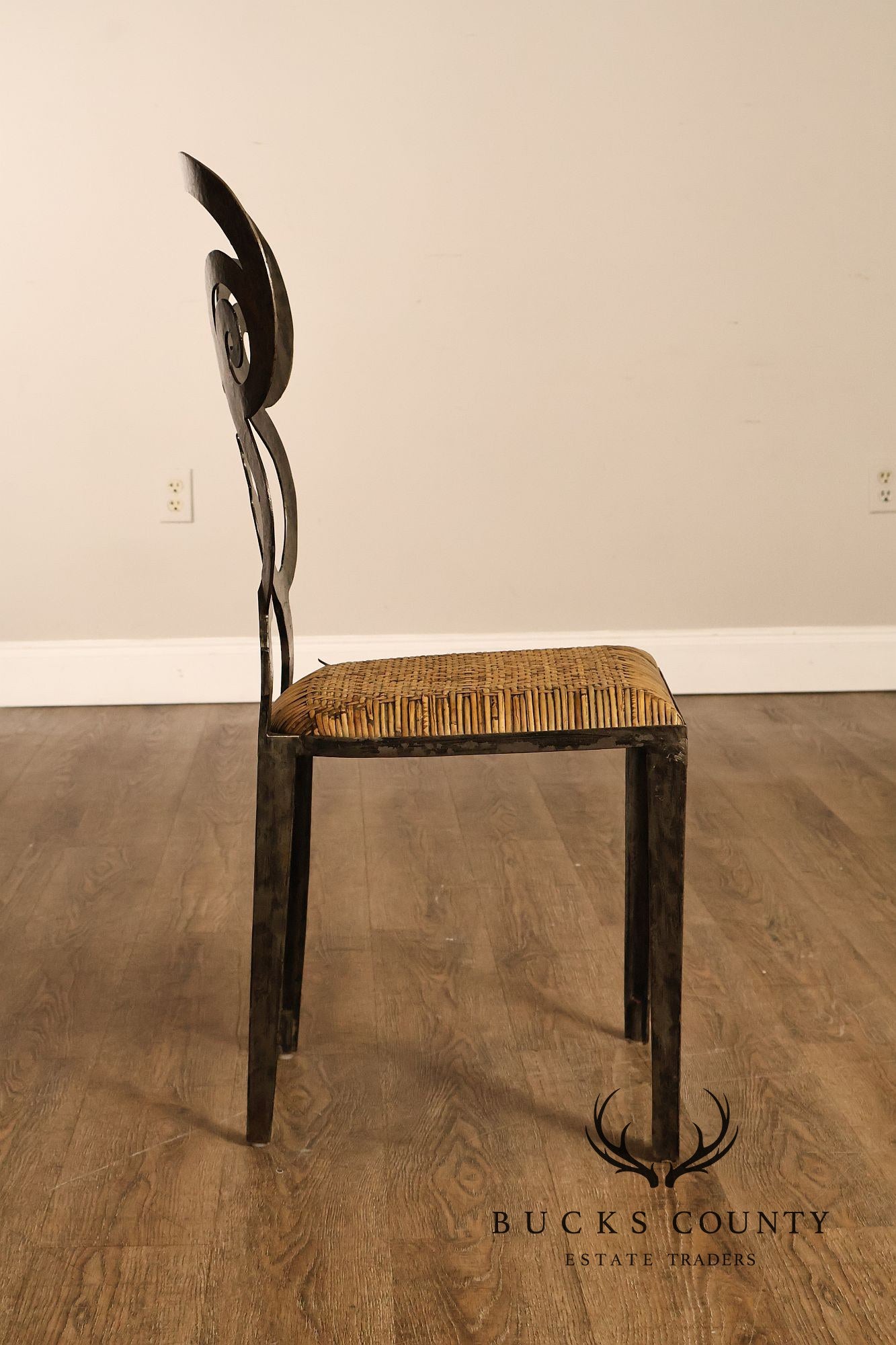 Biedermeier Style Pair Of Forged Iron And Woven Rattan Side Chairs