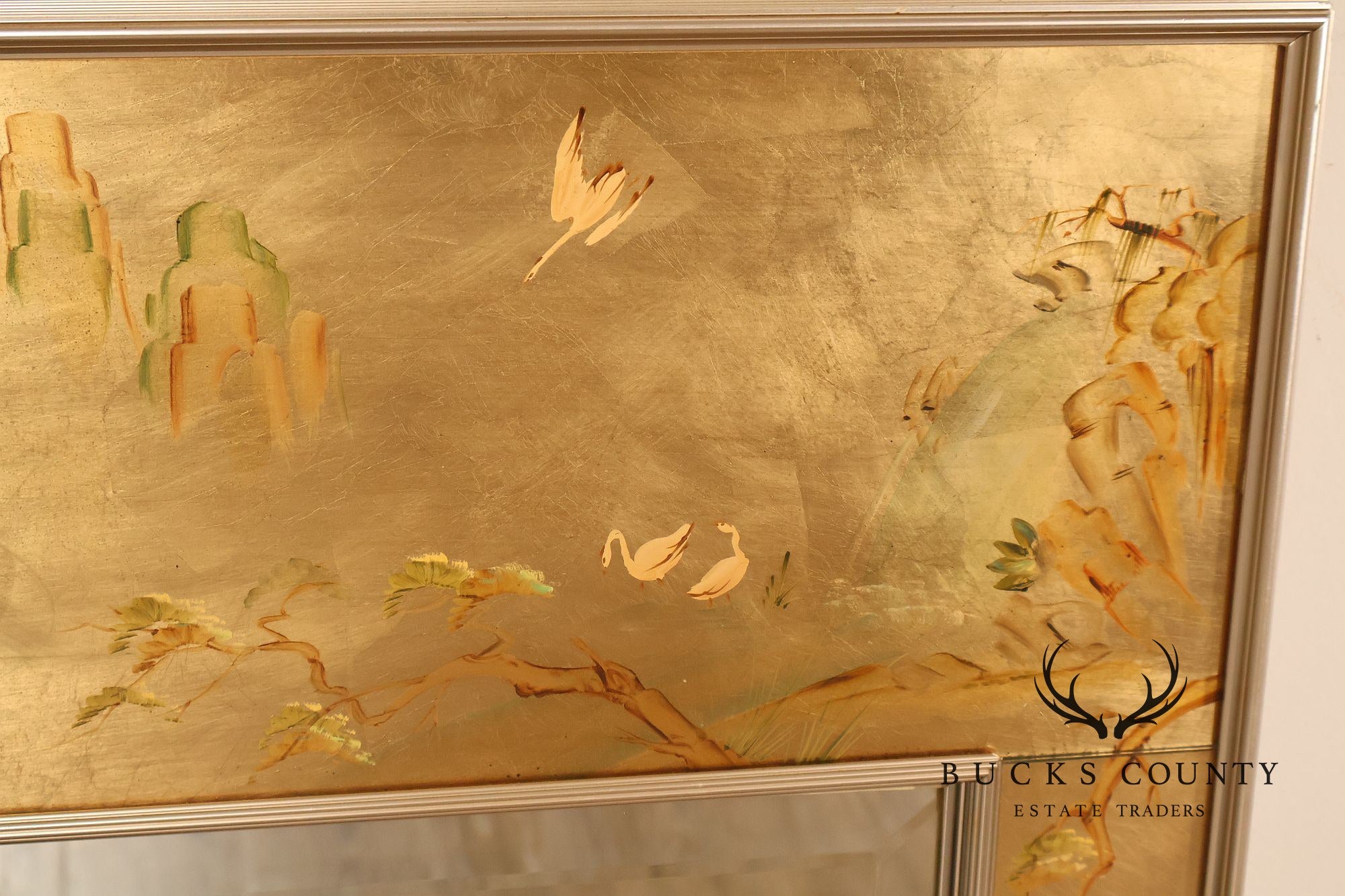 LaBarge Chinoiserie Eglomise Brass Wall Mirror