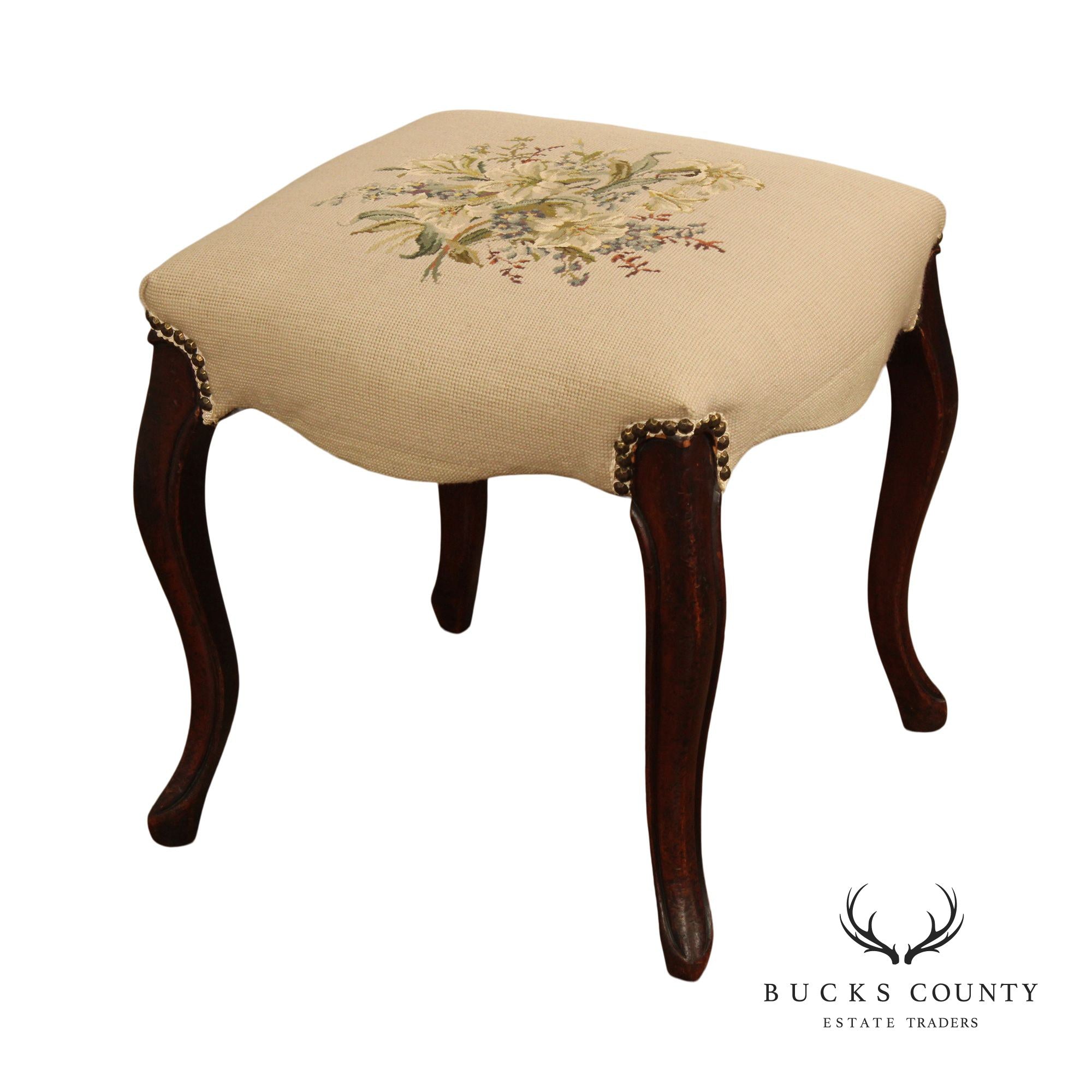 French Louis XV Style Needlepoint Foot Stool Ottoman